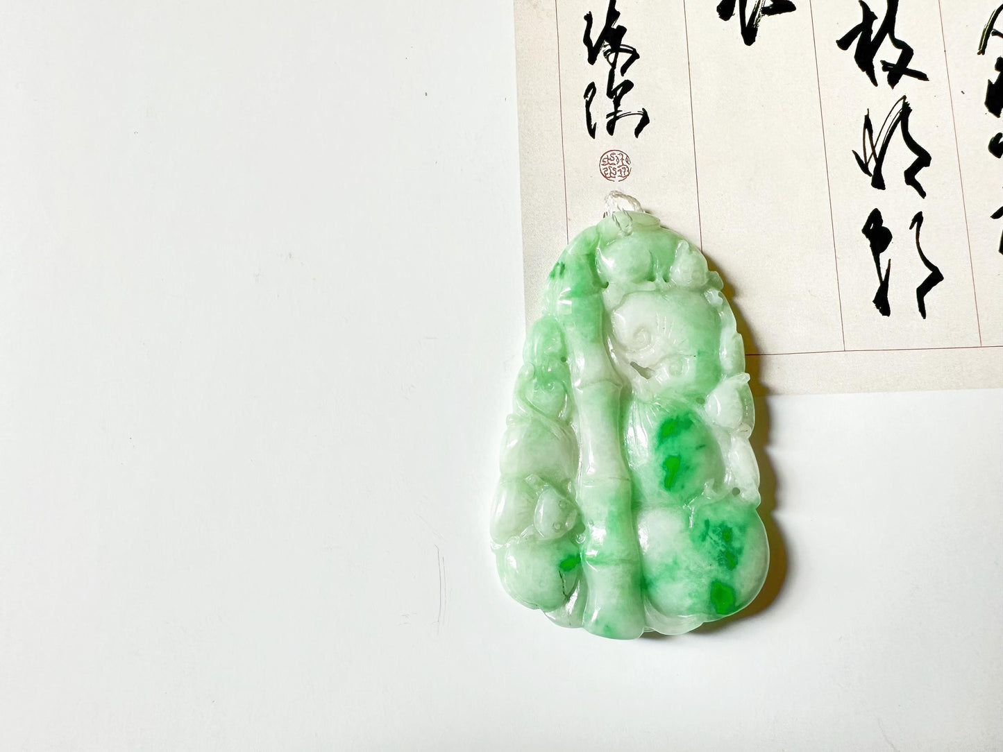 Natural Myanmar Bright Green Jade Carved Bamboo, Ruyi and Peach, Double-Faced