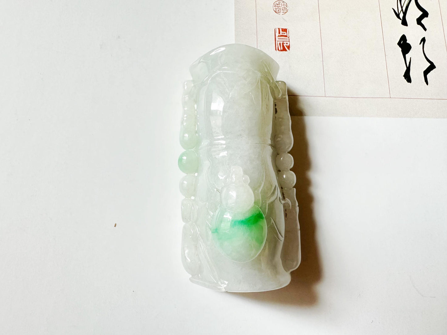 Natural Myanmar Type A Moss on Snow Bamboo with Beetle Jade Pendant, Jadeite Sculpture
