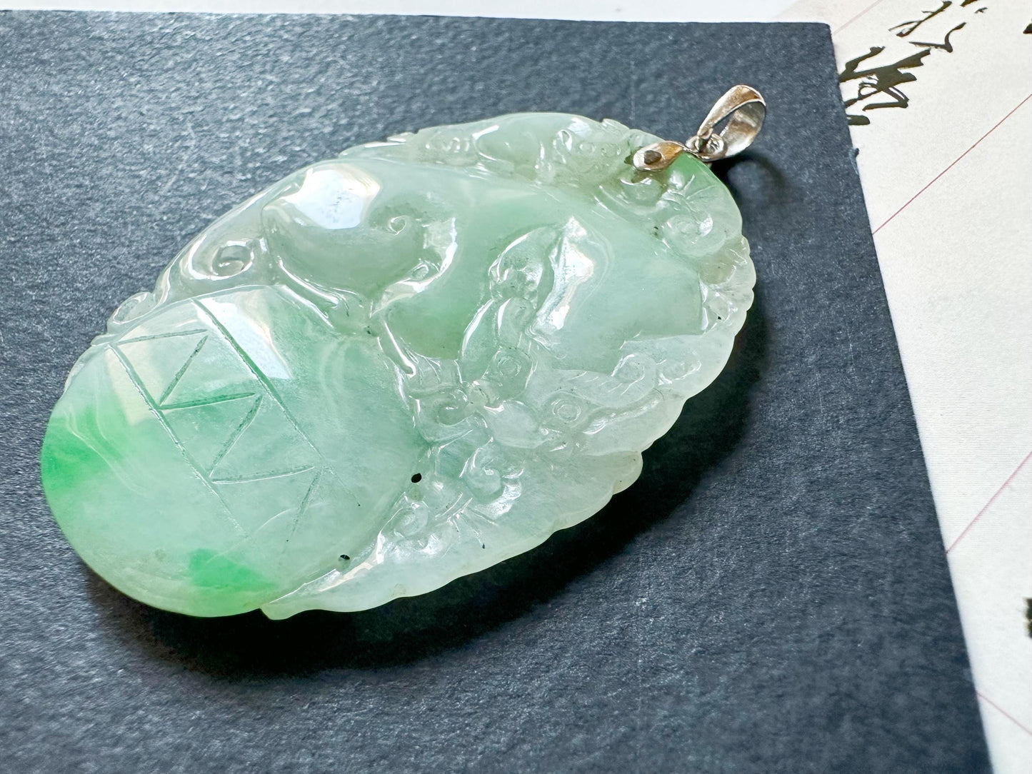 Natural Myanmar Bright Green Loong Jade Pendant with 18K Gold Bail, mythical creatures