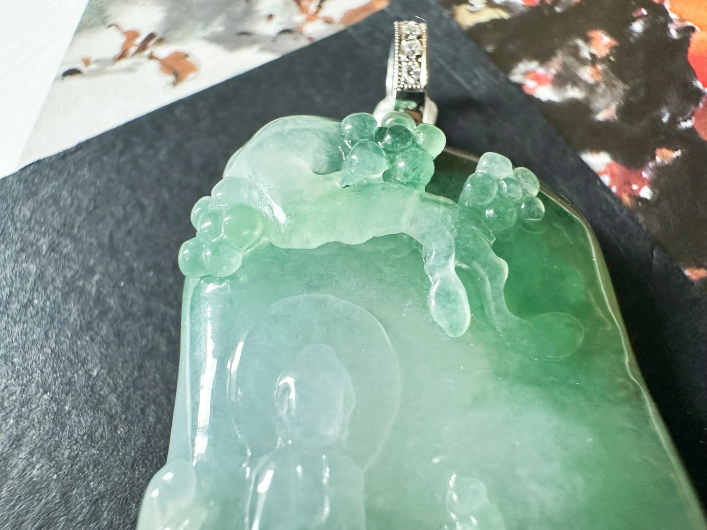 Natural Myanmar Icy Type Jade Pendant with 18K Gold Diamond Bail, Buddha Meditating under a Tree