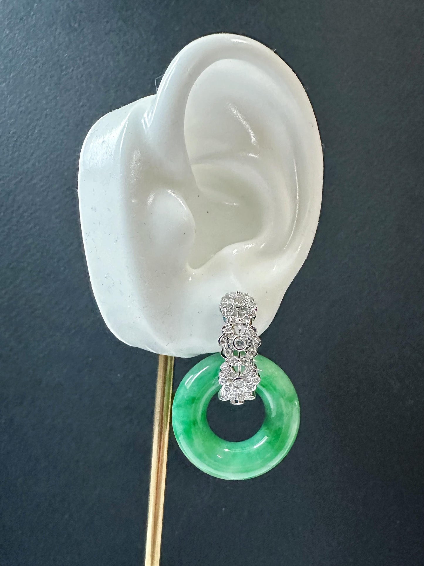 Natural Myanmar Icy Type Vivid Green Jade Donut in 18K White Gold, Diamond Hoop Earrings