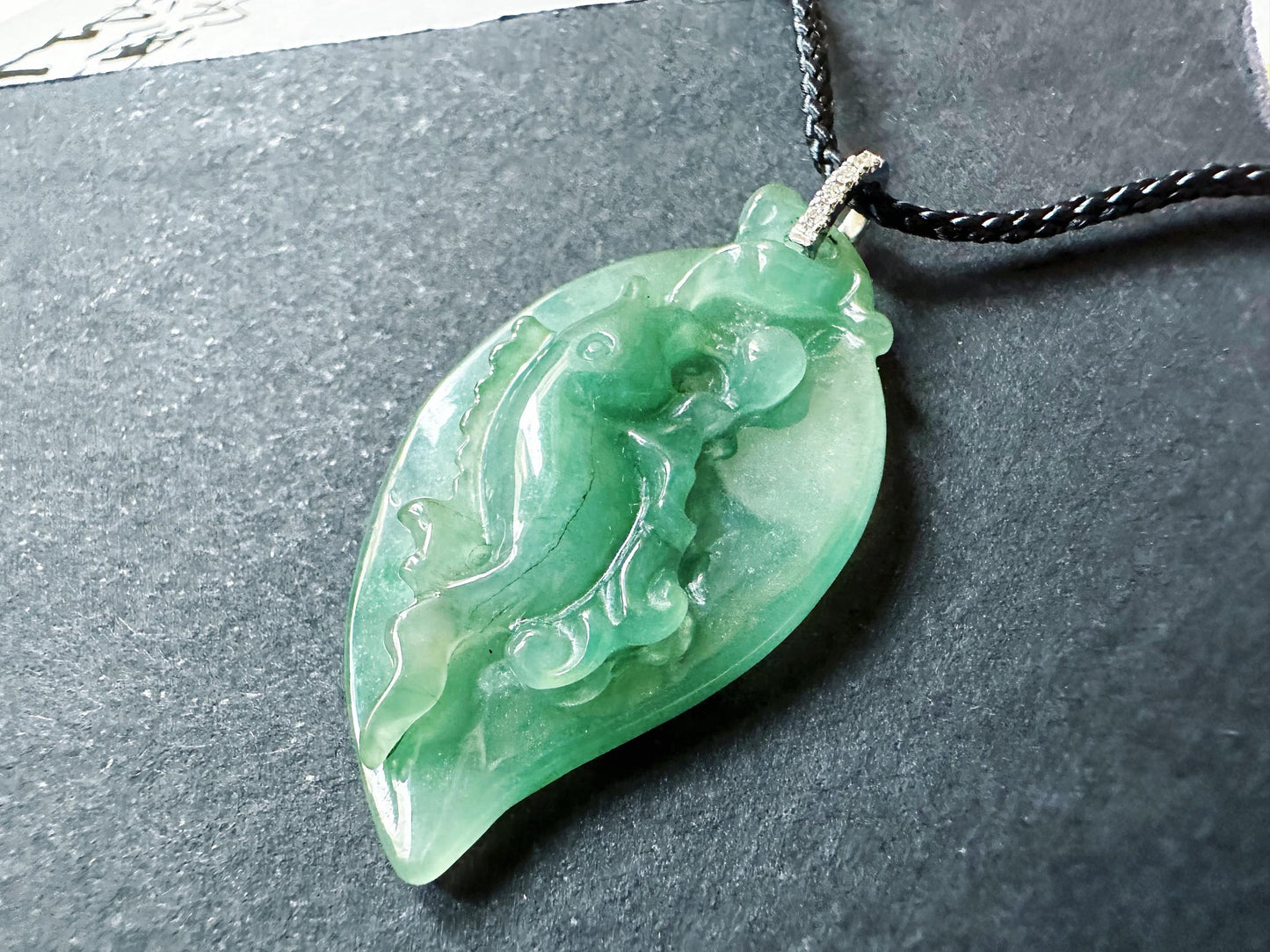 Natural Teal Green Jade Fish Pendant in 18K White Gold with Diamond Bail