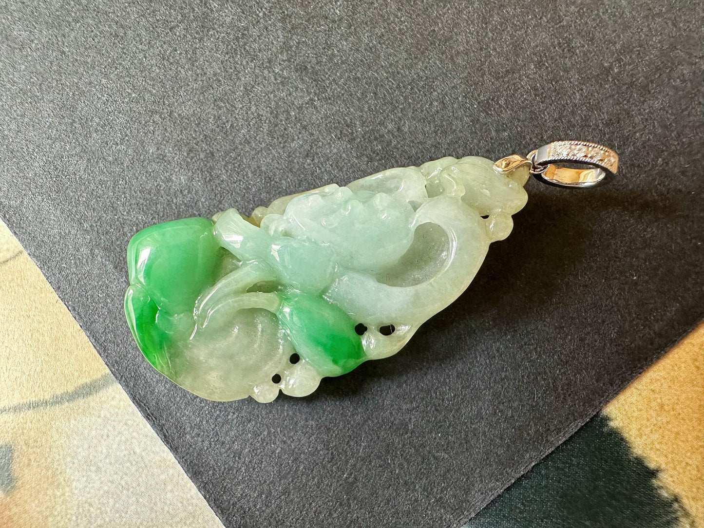 Natural Myanmar Vivid Green Jade Lotus Double-Faced Pendant