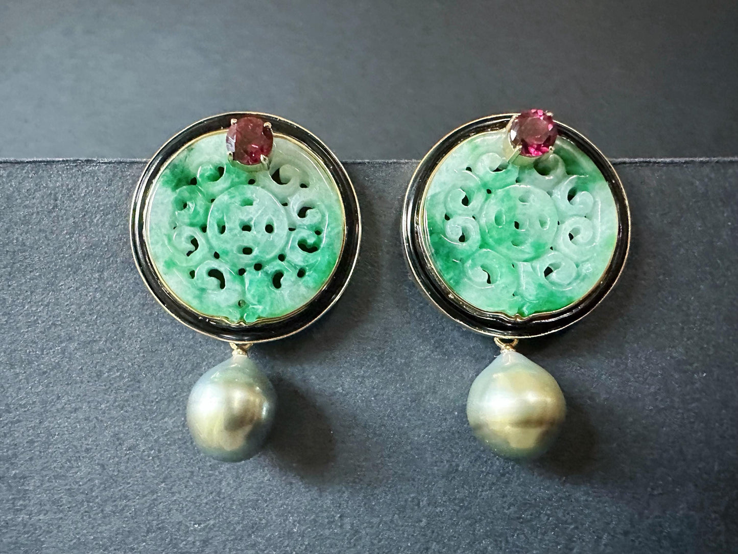 Natural Myanmar Green Jade Carved Earrings in 18K Gold and Black Agate & Pearl