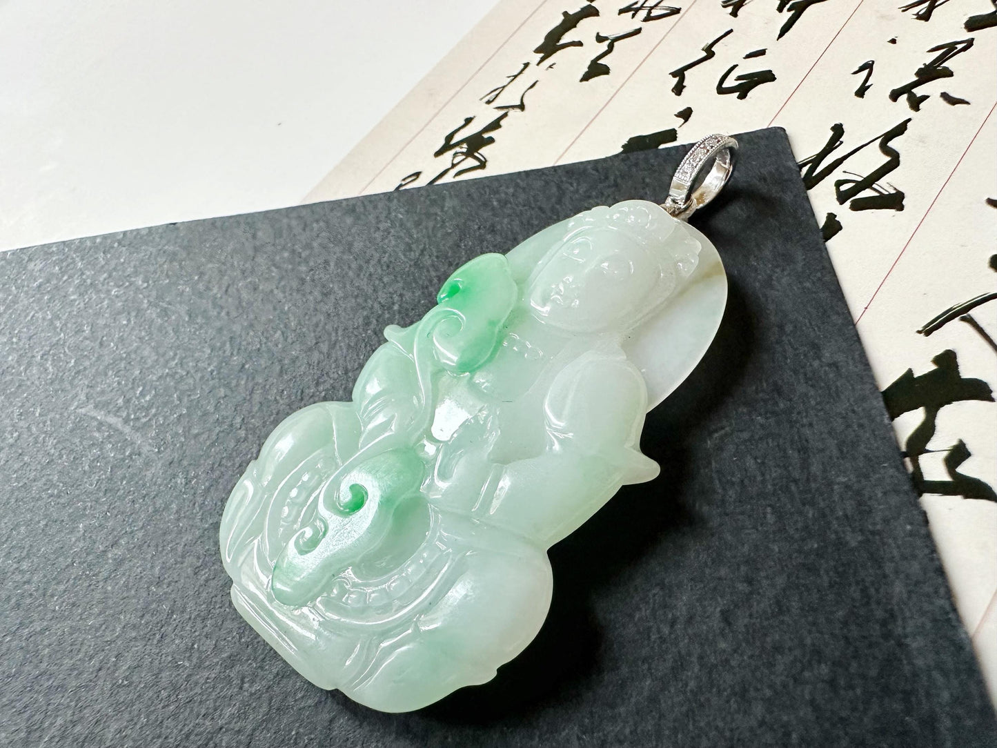 Natural Myanmar Guan Yin Green Jade Pendant with 18K White Gold and Diamond Bail
