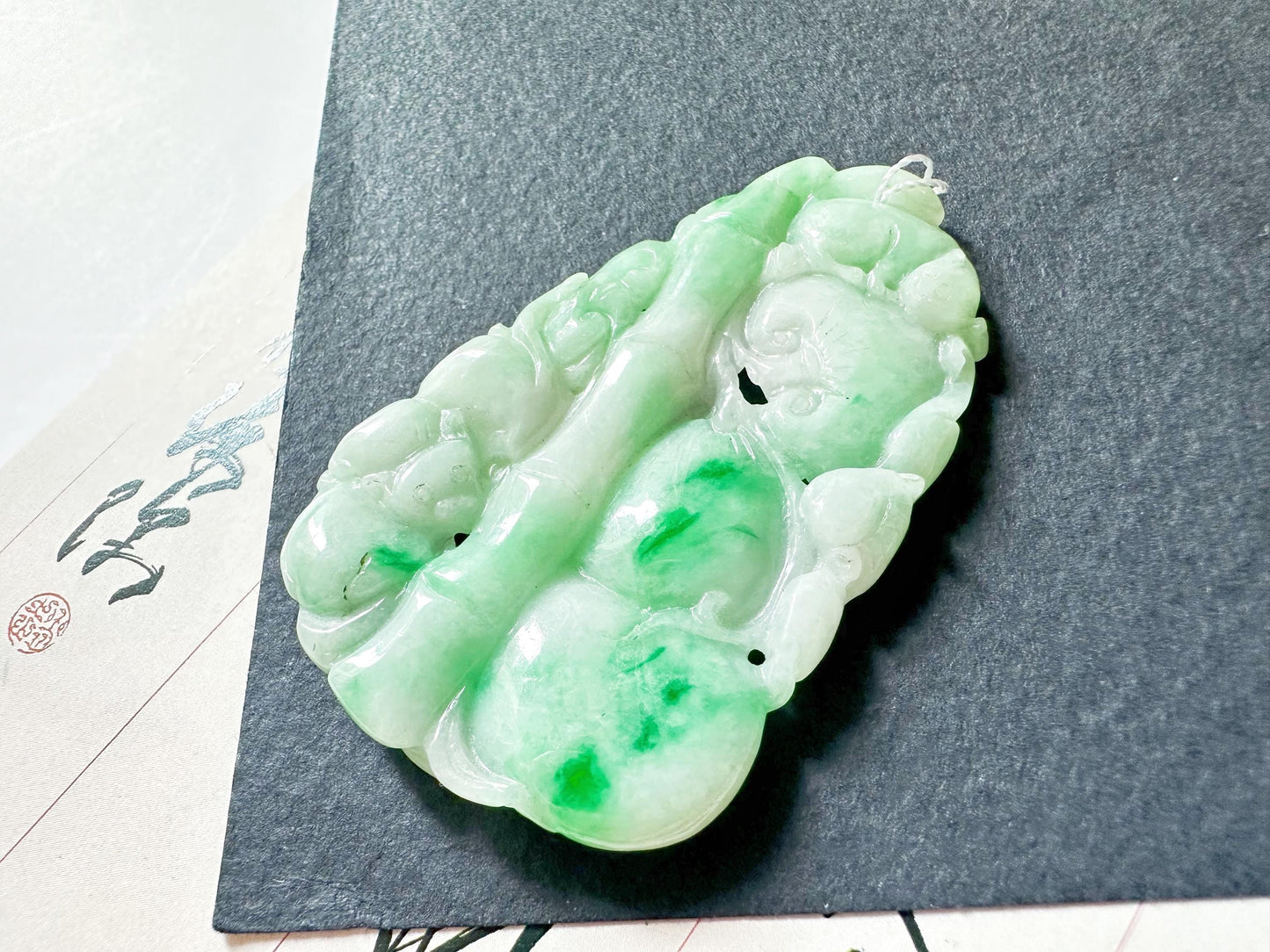 Natural Myanmar Bright Green Jade Carved Bamboo, Ruyi and Peach, Double-Faced