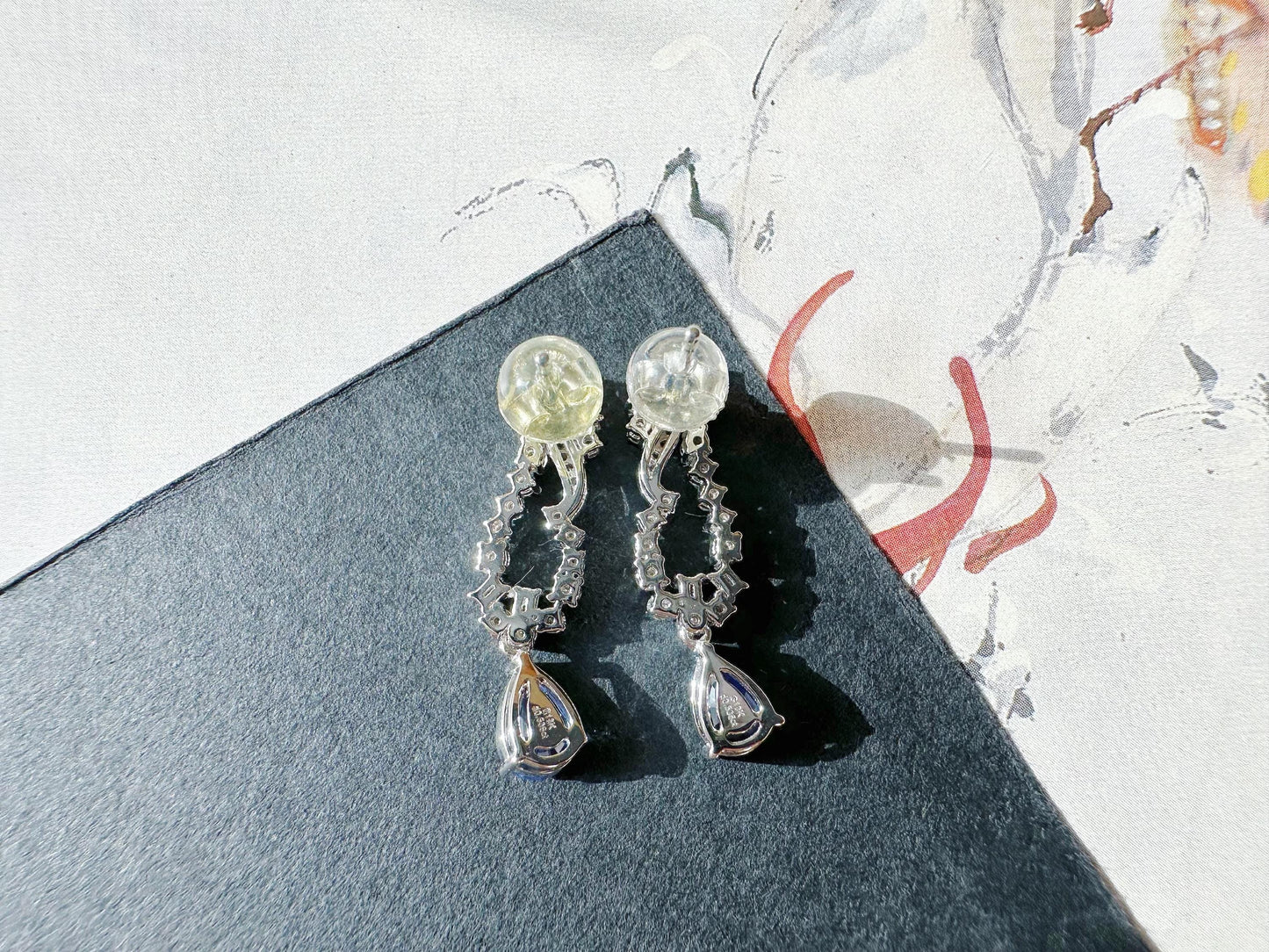 Natural Sri Lanka Vivid Blue Sapphire Set in 18k White Gold Drop Earrings, Diamond Ear Studs, September Birthstone