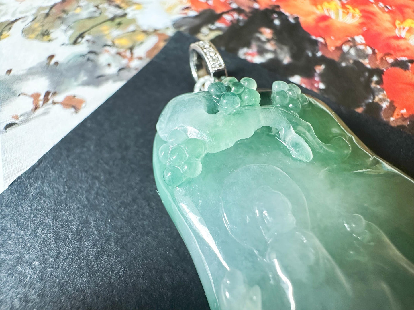 Natural Myanmar Icy Type Jade Pendant with 18K Gold Diamond Bail, Buddha Meditating under a Tree