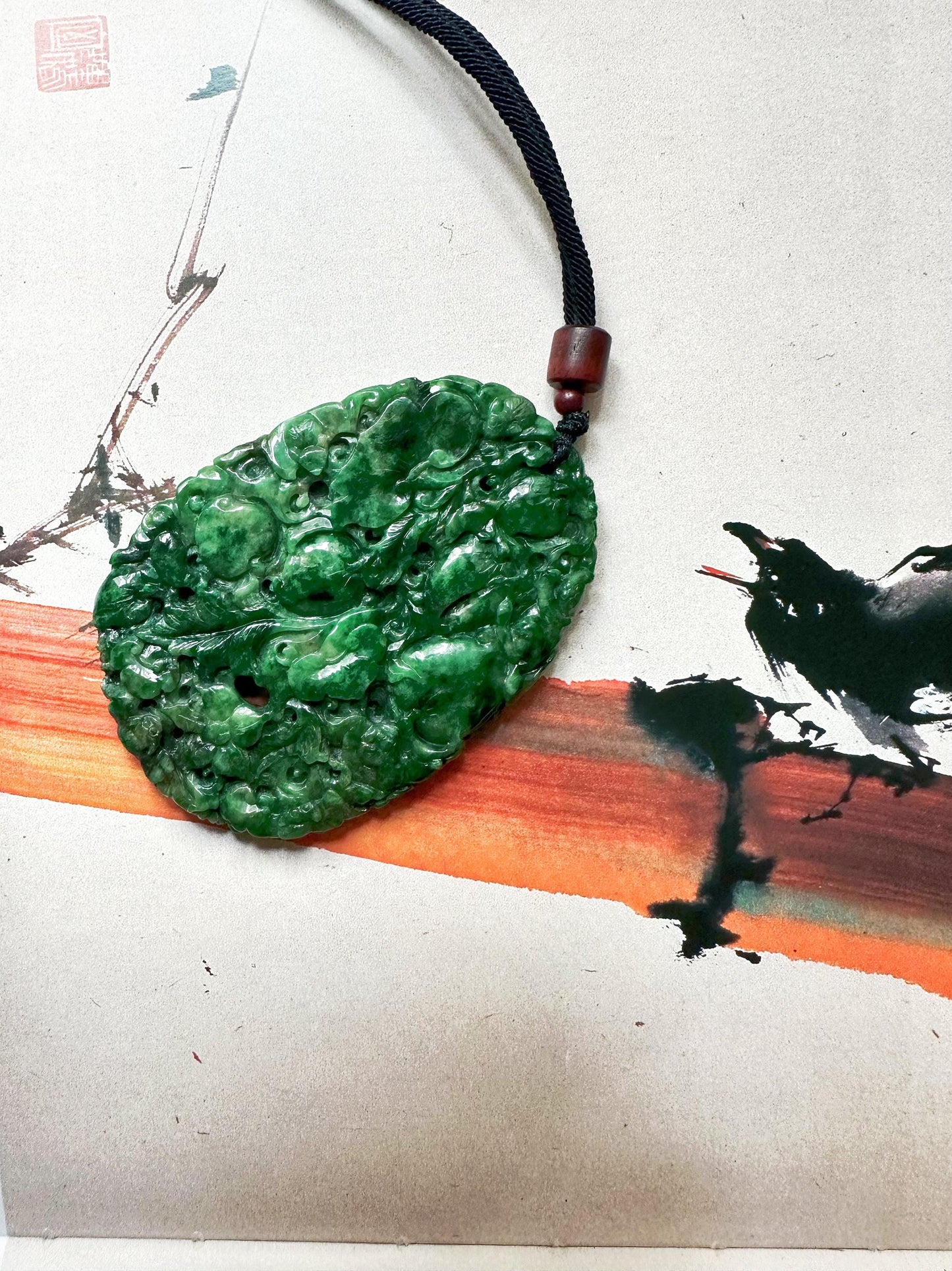 Handcrafted Giant Intense Green Jade Pendant | Artisan-Carved Ruyi, Peach, Monkey, and Lucky Symbols | Unique Jade Jewelry