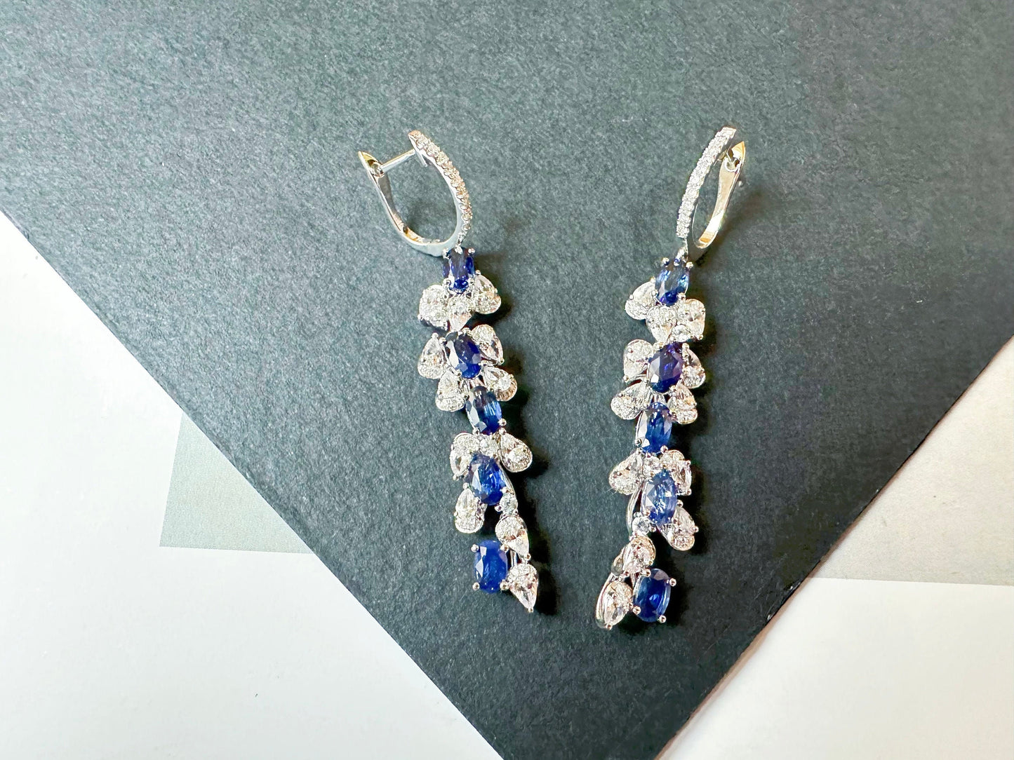 Certified Royal Blue Sapphire and Diamond Long Earrings - White Sapphire in 18K White Gold