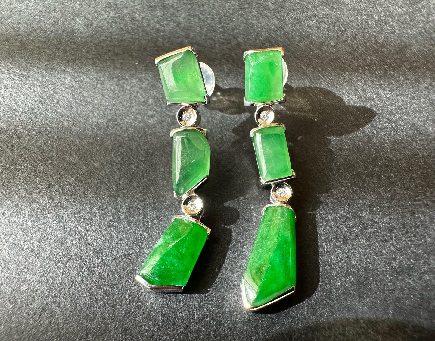 Natural Myanmar Icy Type Vivid Green Asymmetric Jade Earrings in 18K White Gold with Diamond
