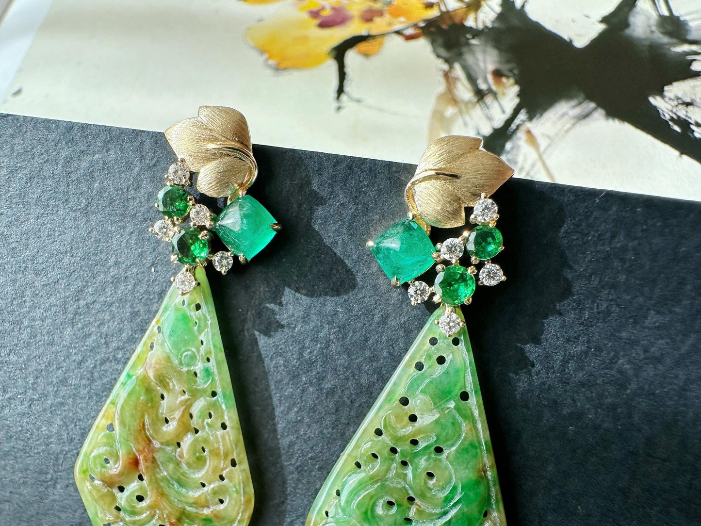 Natural Myanmar Handcrafted Vivid Bicolor Green and Yellow Jade 18K Gold Earrings, with Emerald and Tsavorite