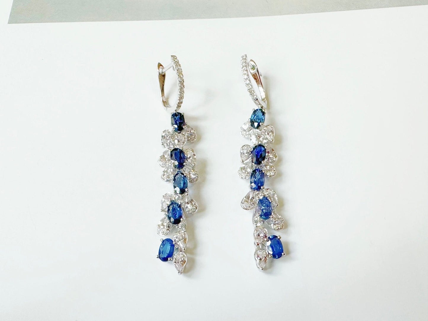 Certified Royal Blue Sapphire and Diamond Long Earrings - White Sapphire in 18K White Gold
