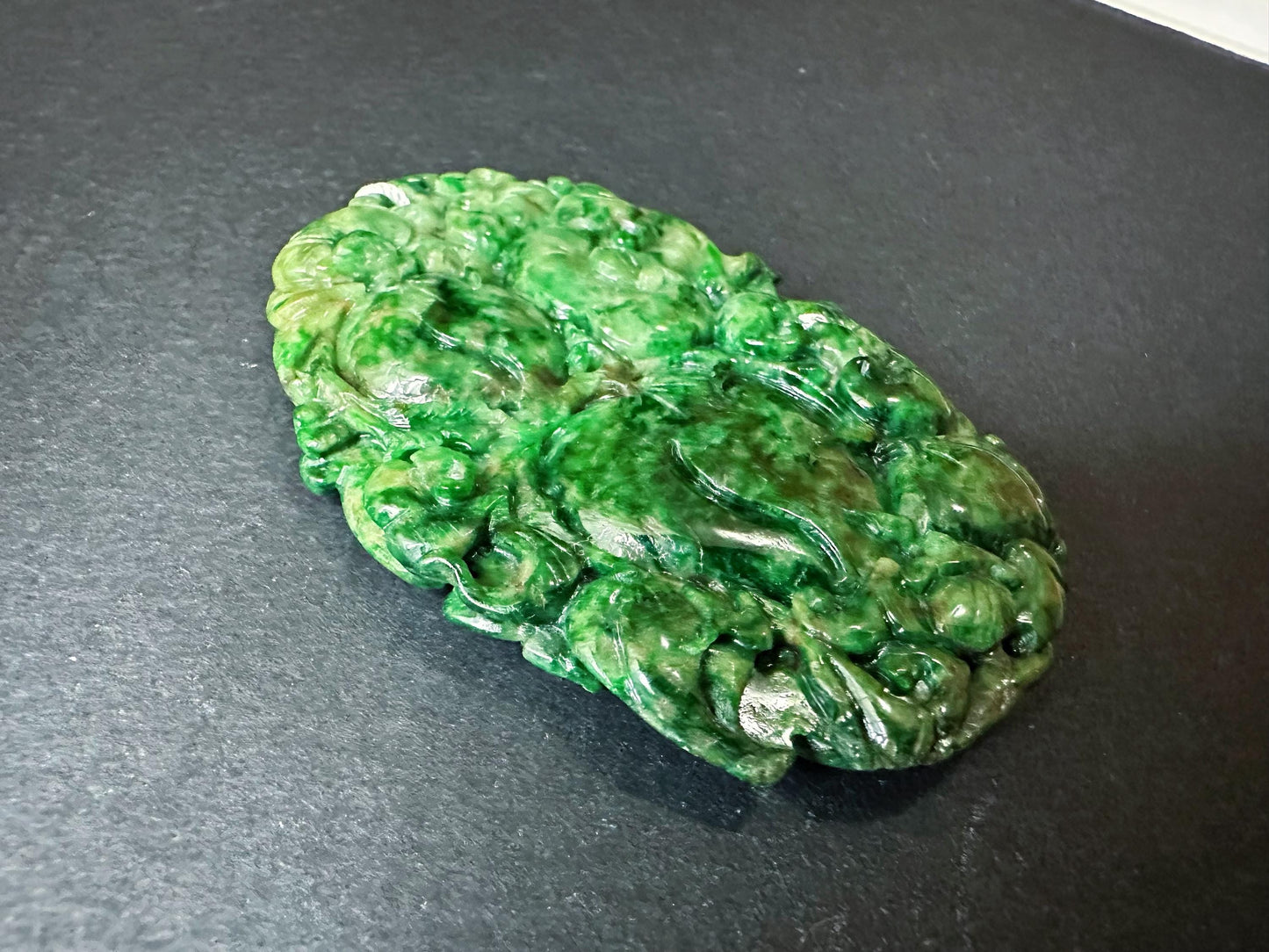 Handcrafted Giant Intense Green Jade Pendant | Artisan-Carved Ruyi, Peach and Lucky Symbols | Unique Jade Jewelry