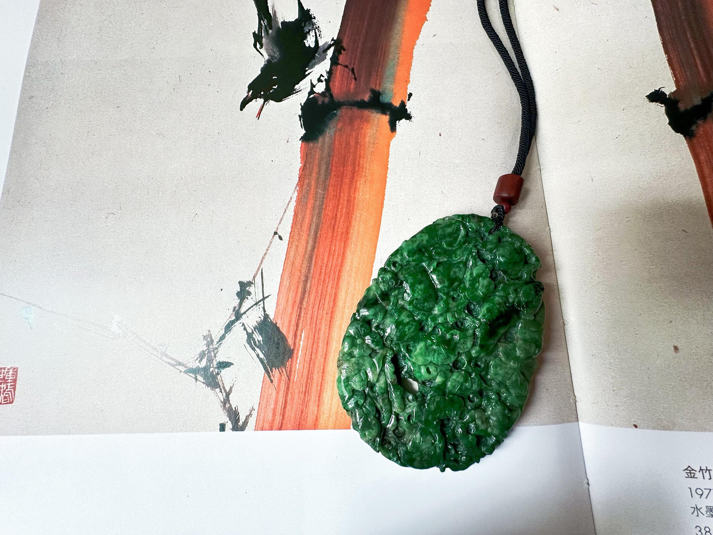 Handcrafted Giant Intense Green Jade Pendant | Artisan-Carved Ruyi, Peach, Monkey, and Lucky Symbols | Unique Jade Jewelry