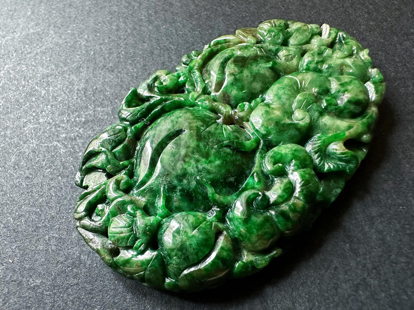 Handcrafted Giant Intense Green Jade Pendant | Artisan-Carved Ruyi, Peach and Lucky Symbols | Unique Jade Jewelry