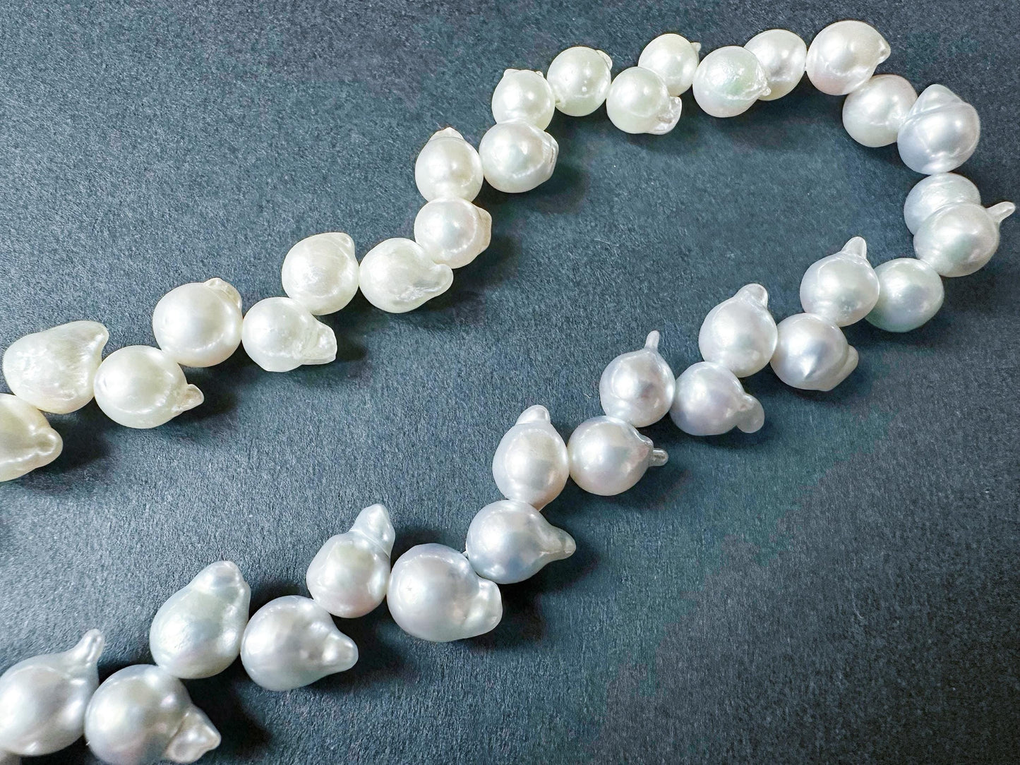 One-of-a-Kind Japan Akoya Pearl Long Necklace | White & Grey Pearls with Blue Tint | Adjustable Sterling Silver Clip | Wheat Ear Design