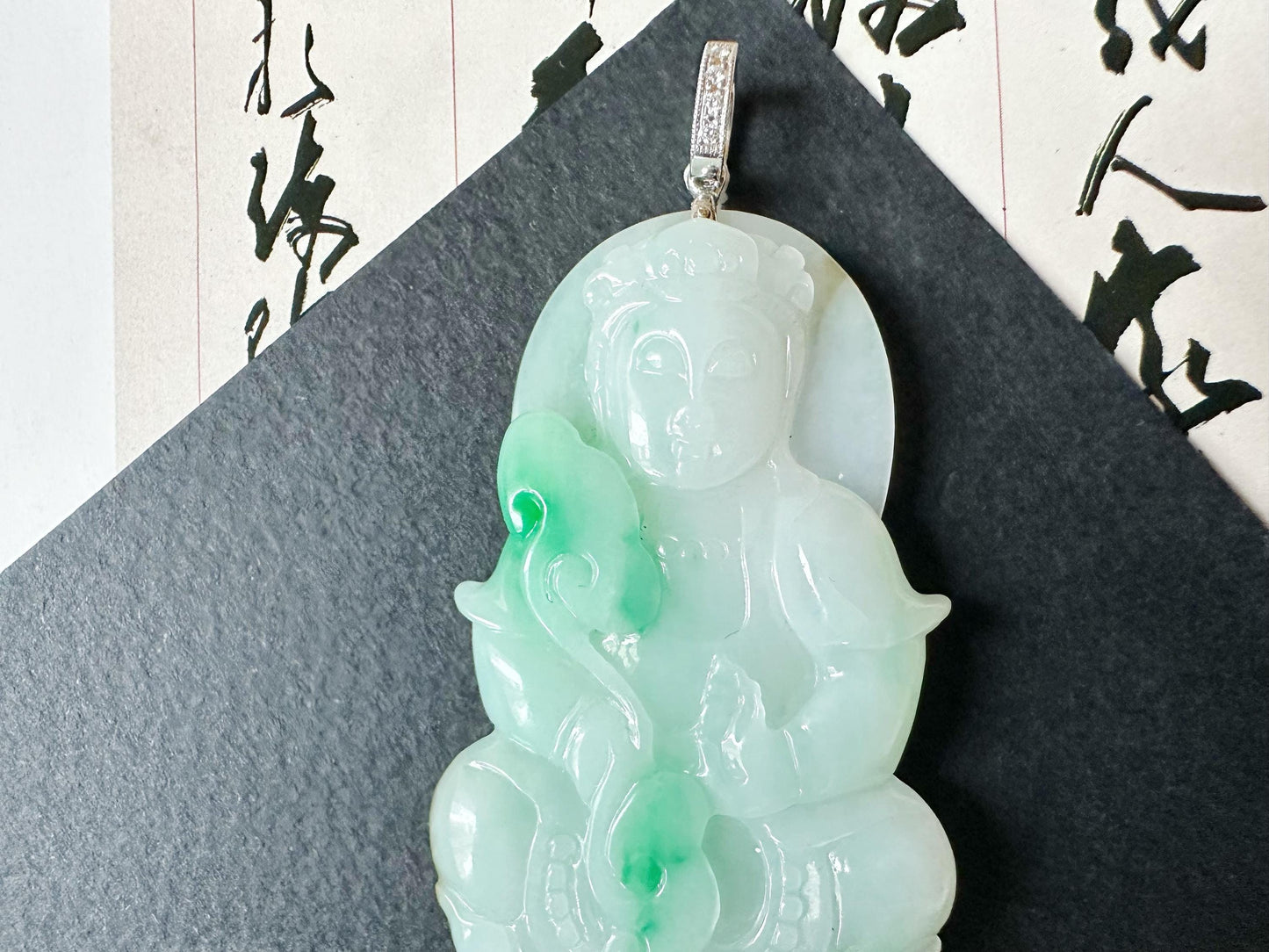 Natural Myanmar Guan Yin Green Jade Pendant with 18K White Gold and Diamond Bail