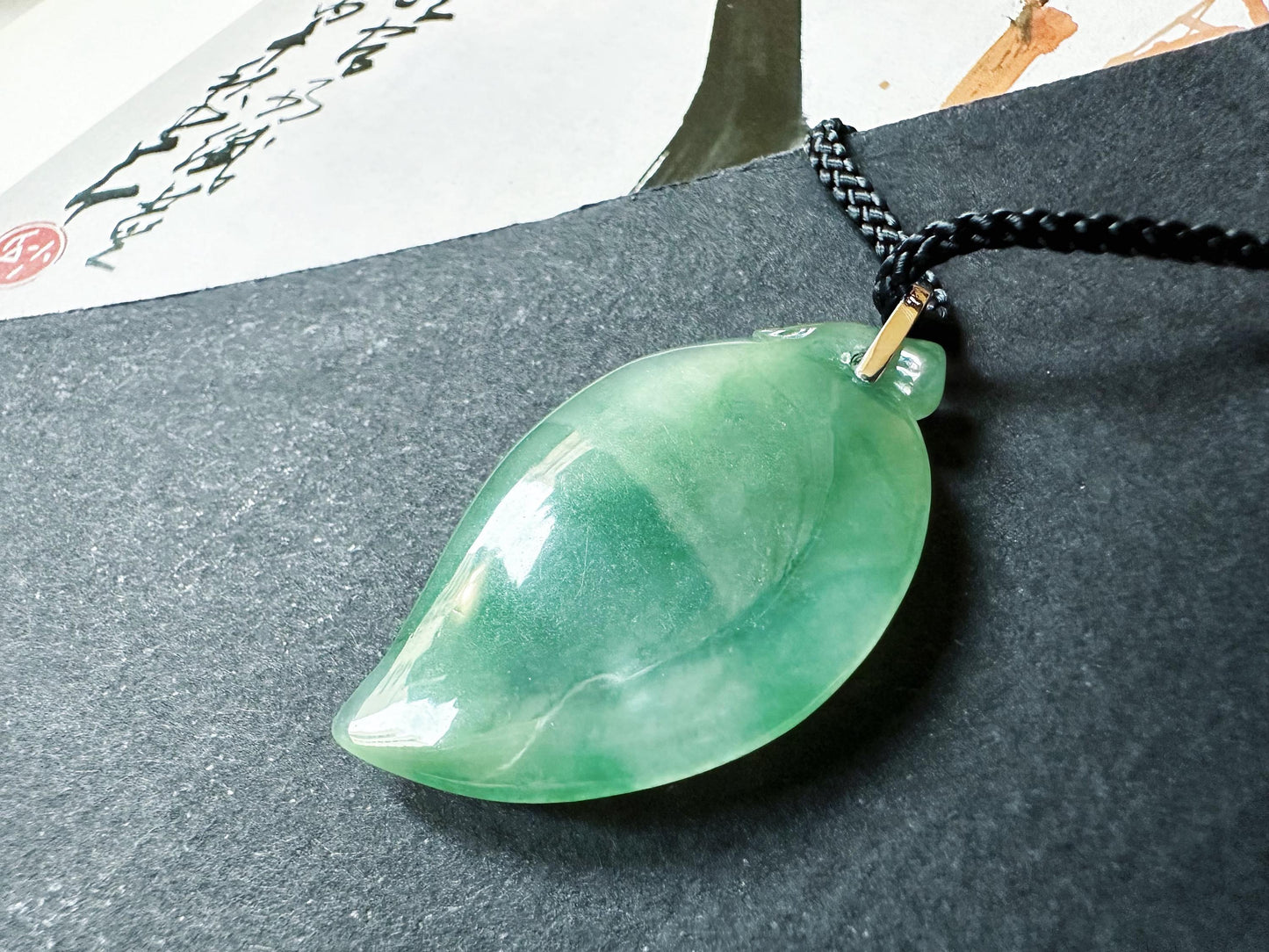 Natural Teal Green Jade Fish Pendant in 18K White Gold with Diamond Bail