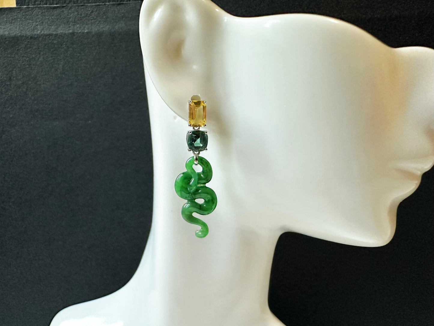 Natural Myanmar Asymmetric Jade Snake Earrings in 18K White Gold with Yellow Sapphires and Garnet