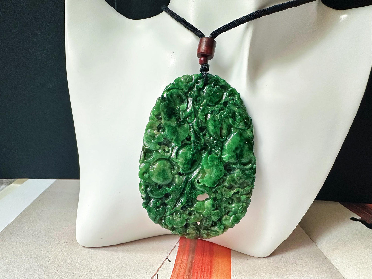 Handcrafted Giant Intense Green Jade Pendant | Artisan-Carved Ruyi, Peach, Monkey, and Lucky Symbols | Unique Jade Jewelry