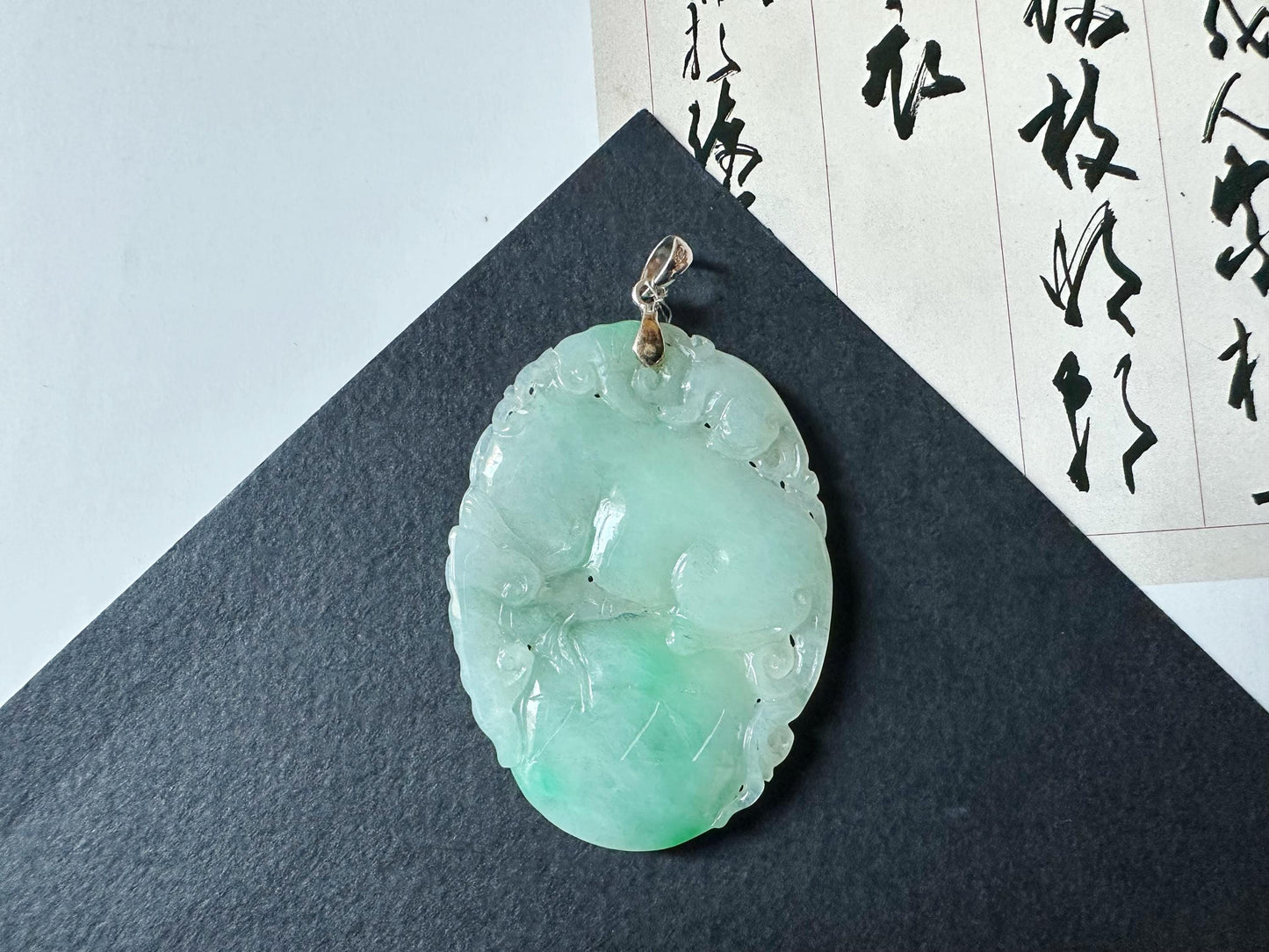 Natural Myanmar Bright Green Loong Jade Pendant with 18K Gold Bail, mythical creatures