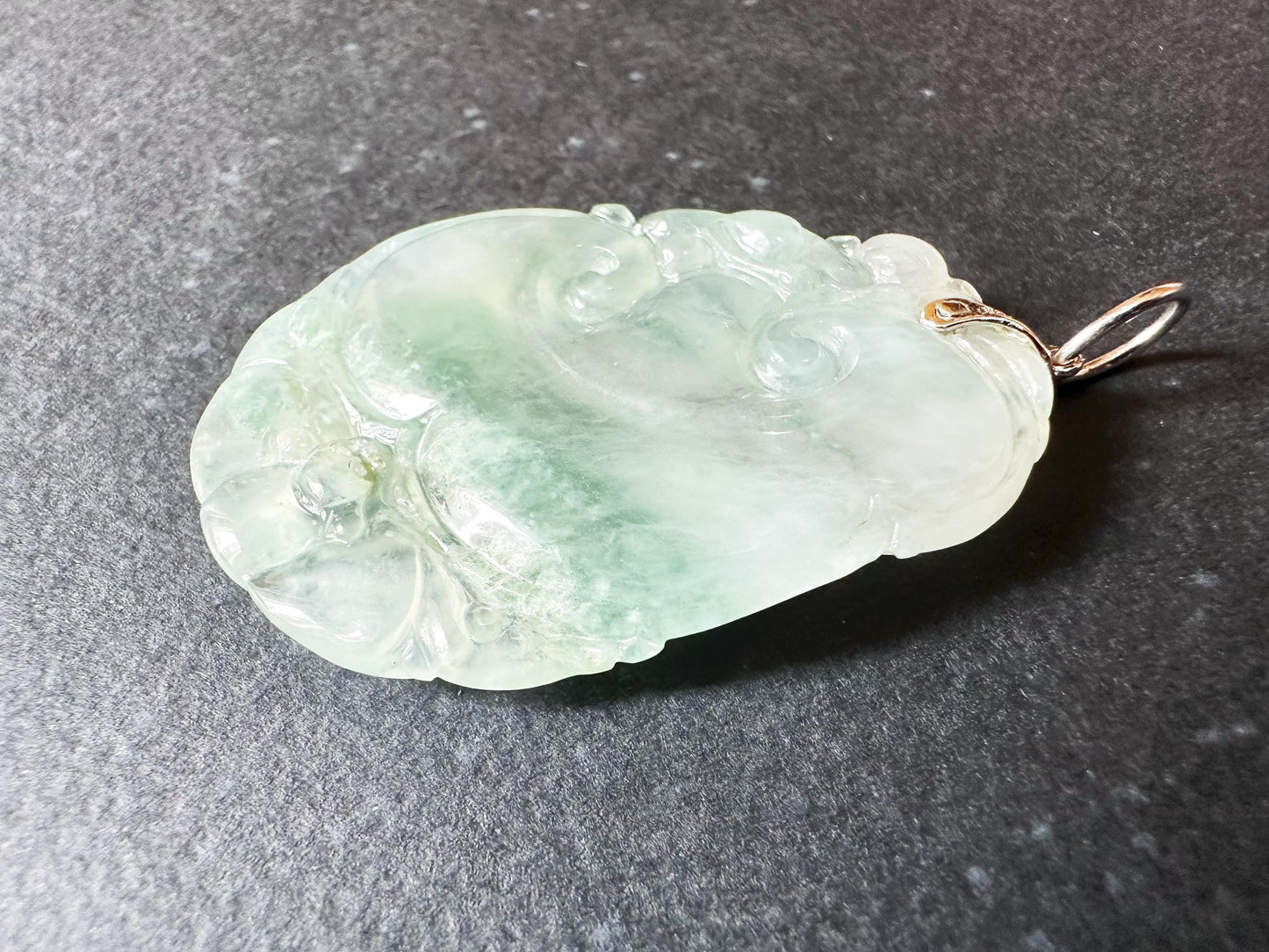 Natural Myanmar Icy Texture Blusih Green Ruyi Jade Pendant, with 18K White Gold Bail