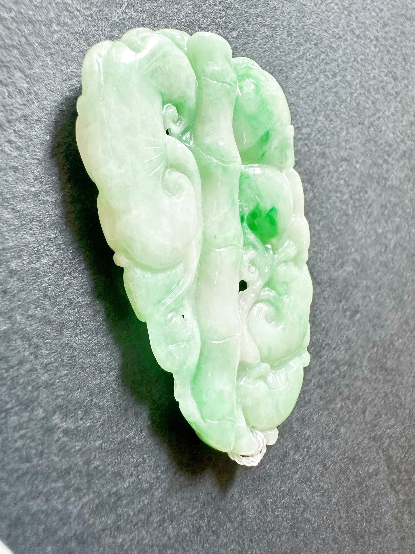 Natural Myanmar Bright Green Jade Carved Bamboo, Ruyi and Peach, Double-Faced