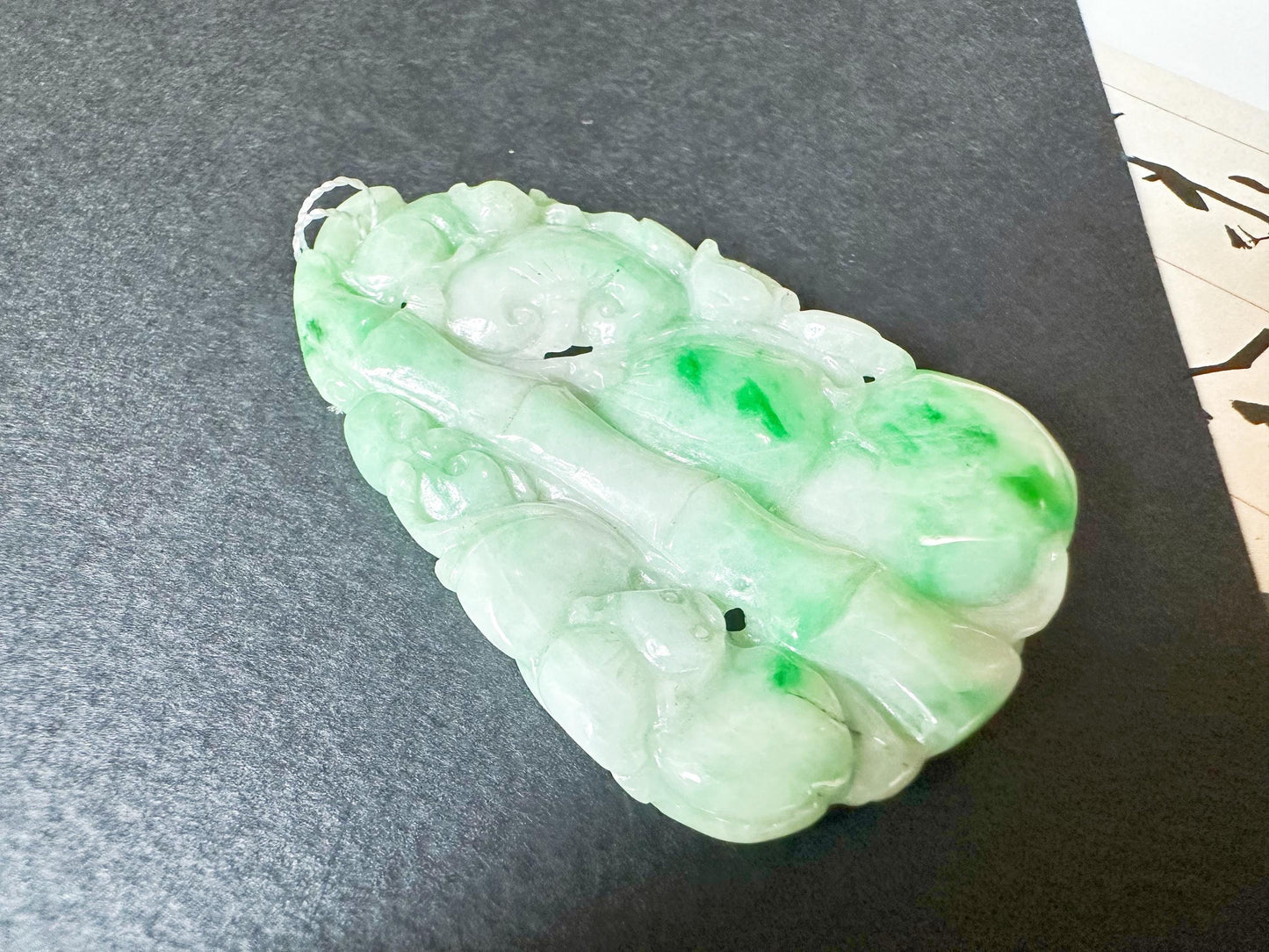 Natural Myanmar Bright Green Jade Carved Bamboo, Ruyi and Peach, Double-Faced