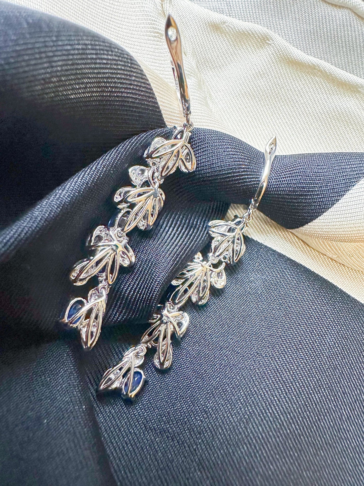 Certified Royal Blue Sapphire and Diamond Long Earrings - White Sapphire in 18K White Gold
