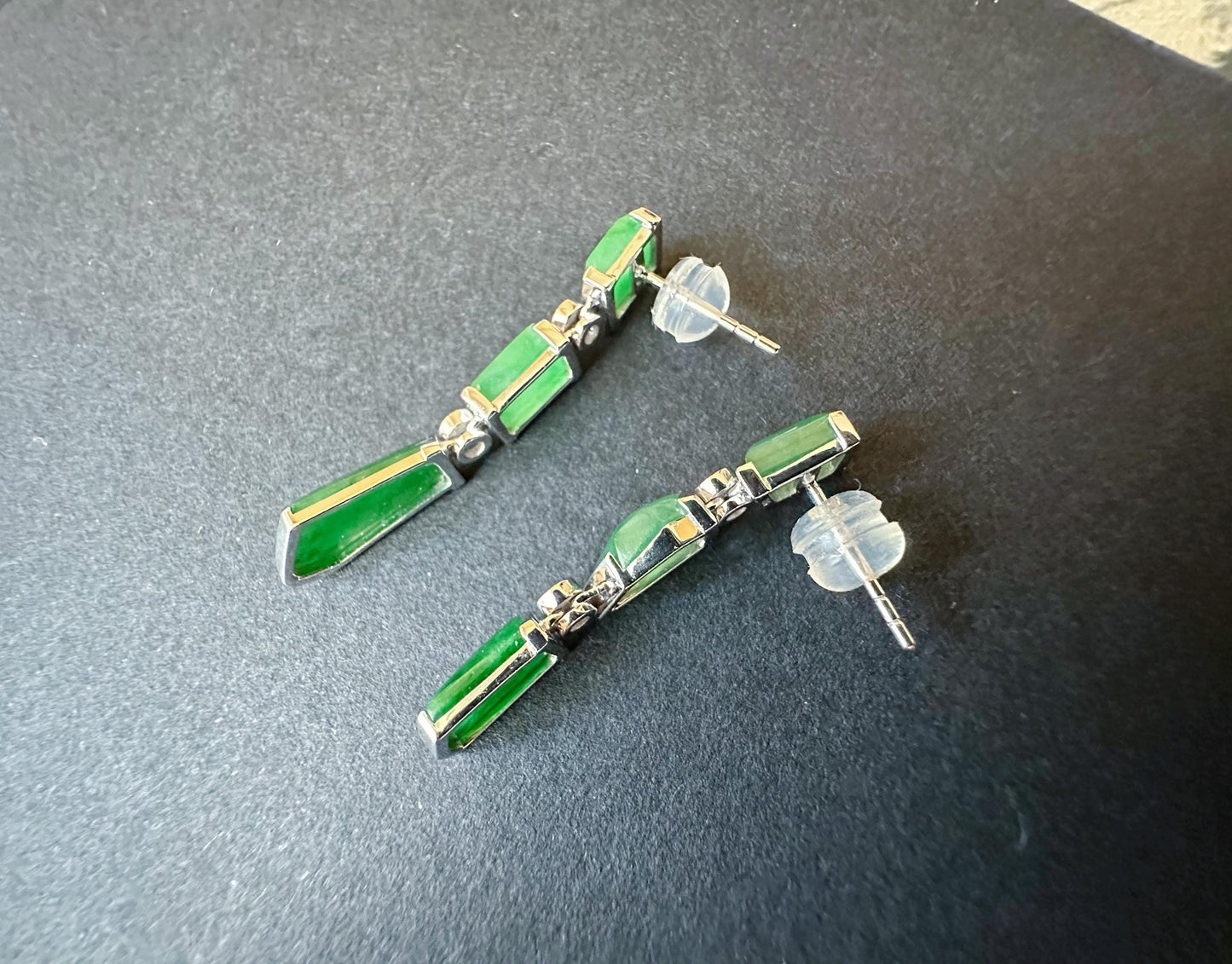 Natural Myanmar Icy Type Vivid Green Asymmetric Jade Earrings in 18K White Gold with Diamond