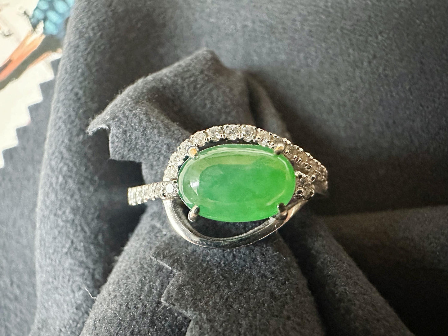 Natural Myanmar Imperial Green Jade Cabochon Ring in 18K White Gold with Diamond Accents