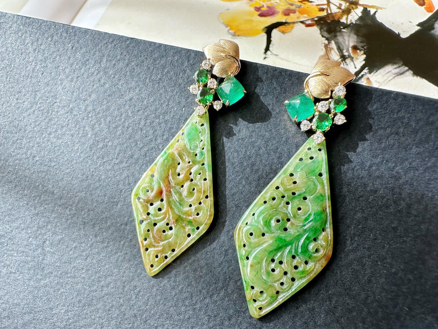 Natural Myanmar Handcrafted Vivid Bicolor Green and Yellow Jade 18K Gold Earrings, with Emerald and Tsavorite