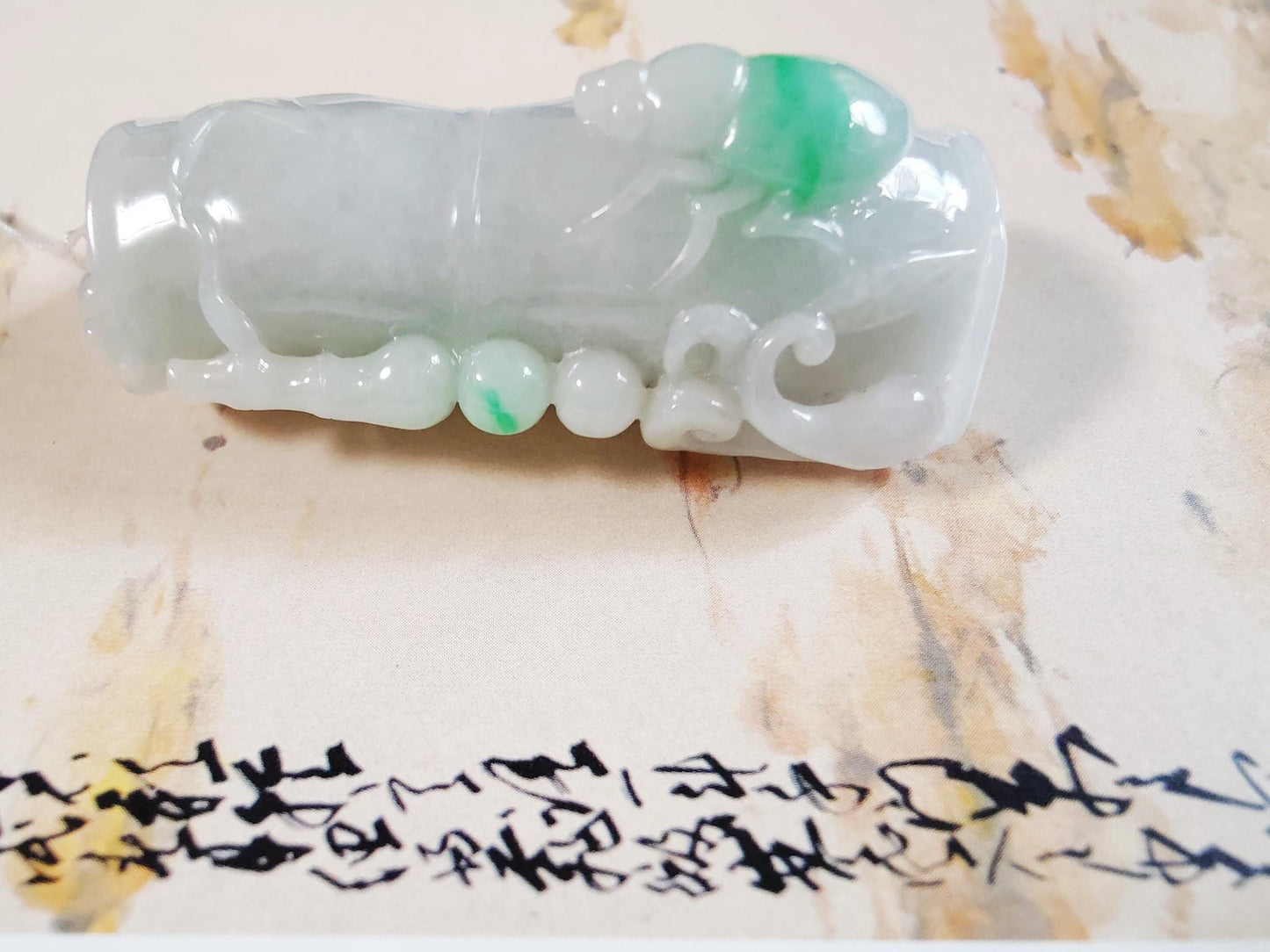 Natural Myanmar Type A Moss on Snow Bamboo with Beetle Jade Pendant, Jadeite Sculpture