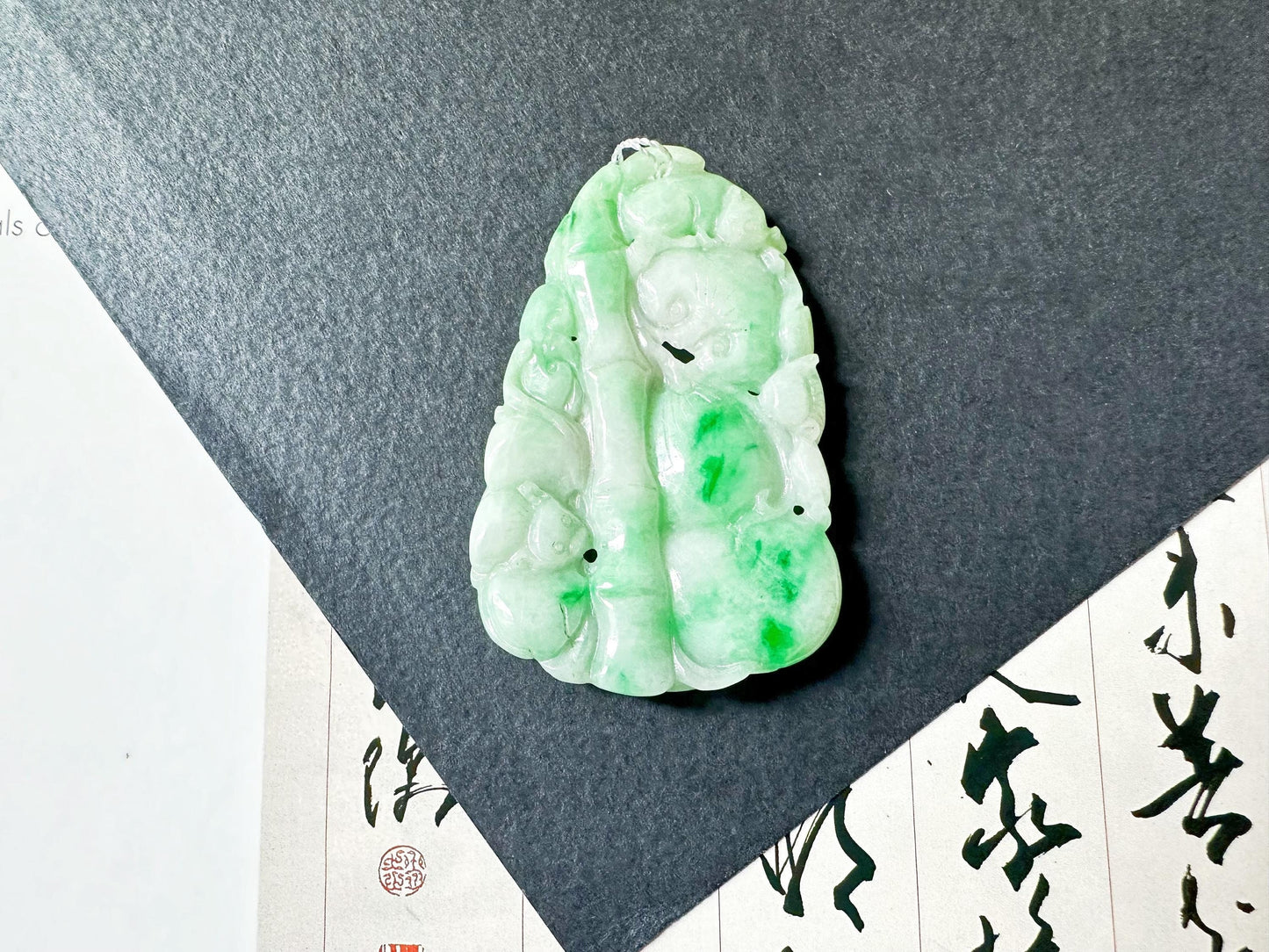 Natural Myanmar Bright Green Jade Carved Bamboo, Ruyi and Peach, Double-Faced Jade