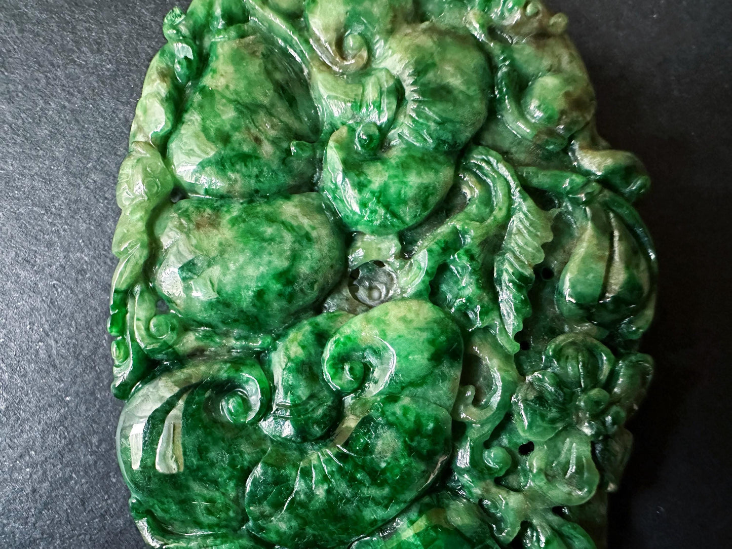 Handcrafted Giant Intense Green Jade Pendant | Artisan-Carved Ruyi, Peach and Lucky Symbols | Unique Jade Jewelry