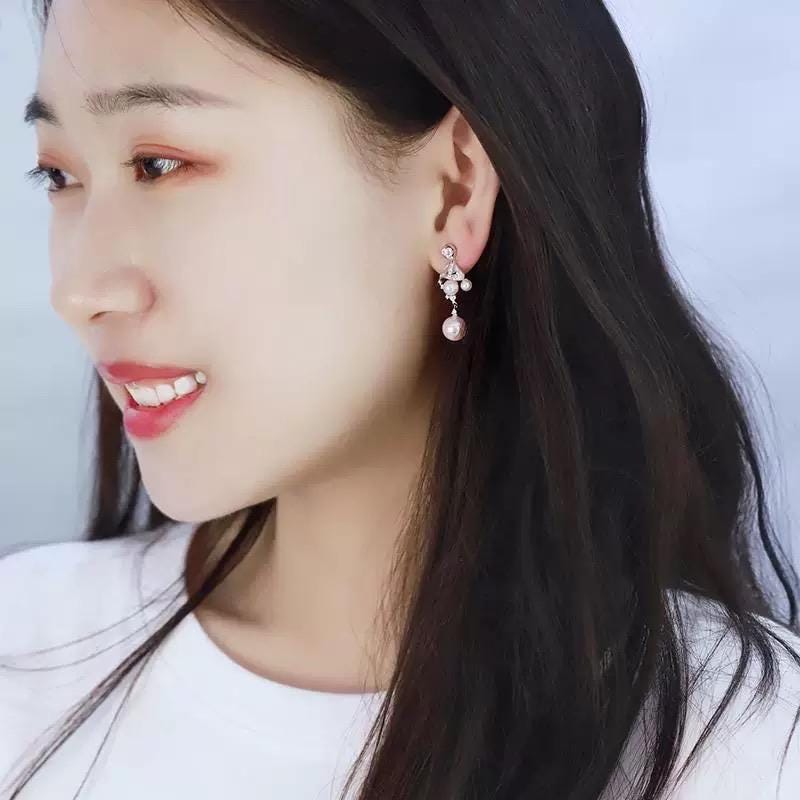 AAAA Grade Japan Akoya Pearl Mirror Like Multiple Wear Long Drop Pearl Earrings in 18K White Gold and Diamond