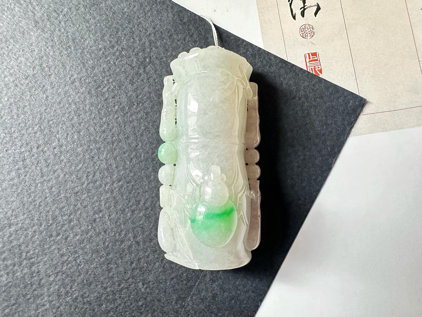 Natural Myanmar Type A Moss on Snow Bamboo Jade Pendant, Jadeite Sculpture