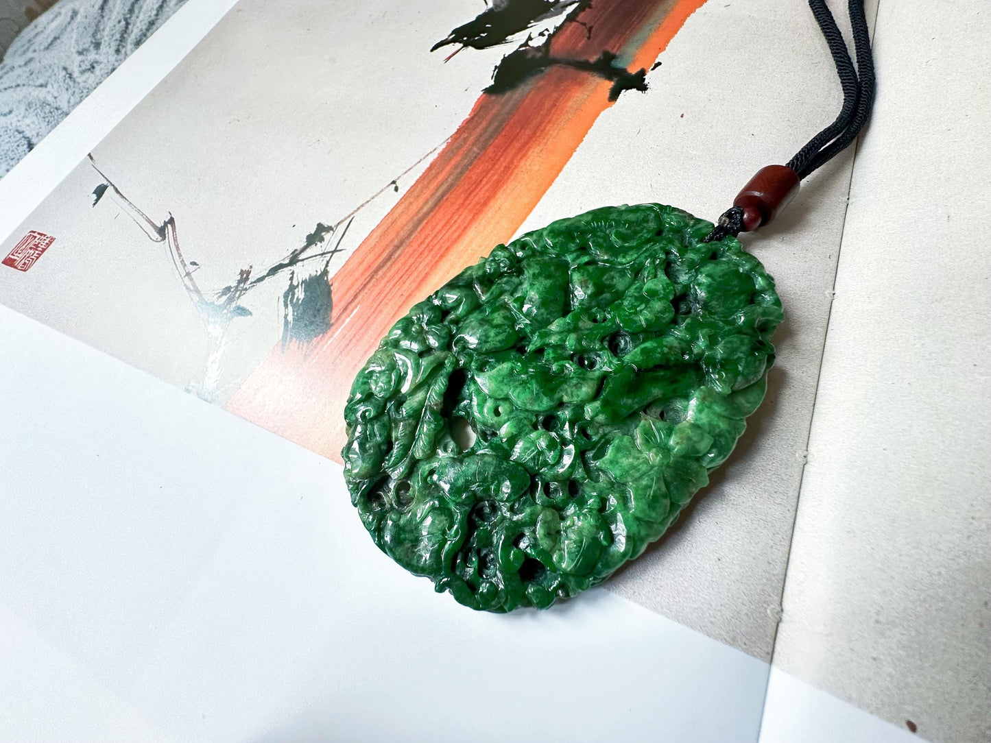 Handcrafted Giant Intense Green Jade Pendant | Artisan-Carved Ruyi, Peach, Monkey, and Lucky Symbols | Unique Jade Jewelry