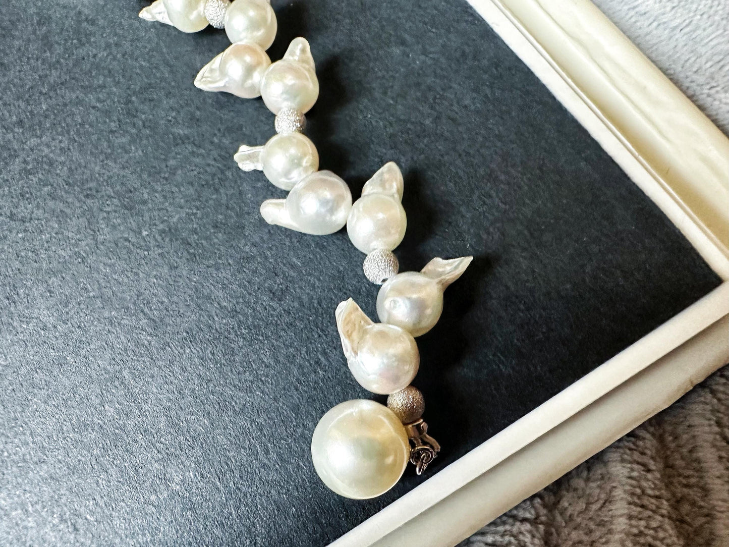 One-of-a-Kind Japan Akoya Pearl Long Necklace | White & Grey Pearls with Blue Tint | Adjustable Sterling Silver Clip | Wheat Ear Design