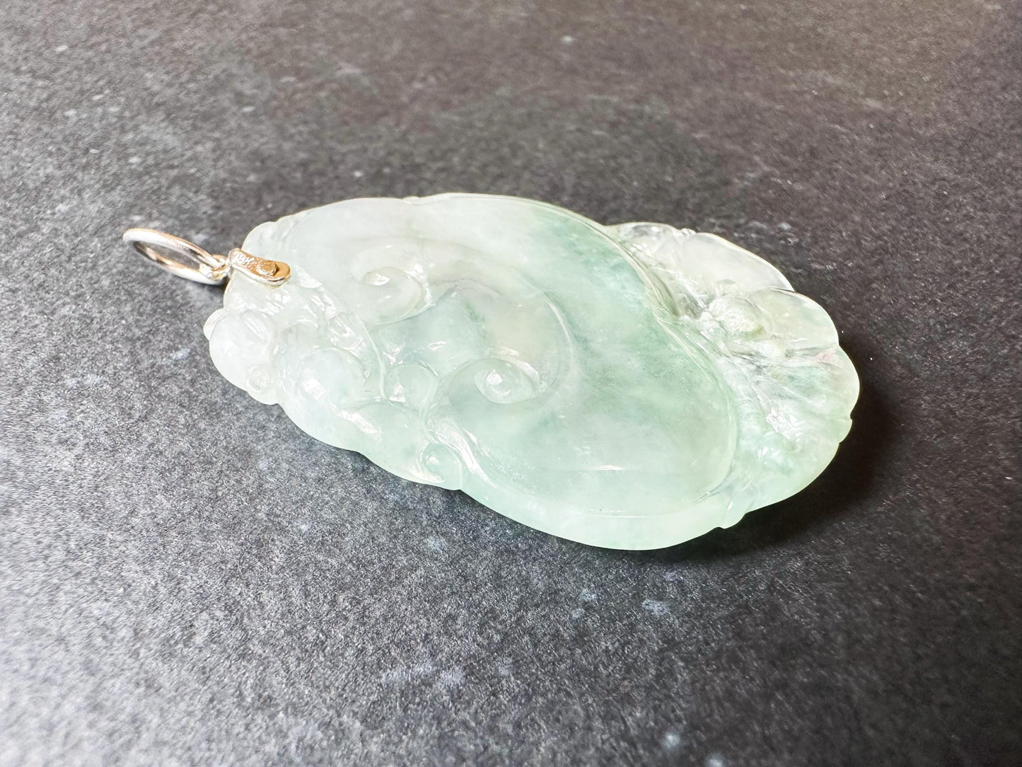 Natural Myanmar Icy Texture Blusih Green Ruyi Jade Pendant, with 18K White Gold Bail