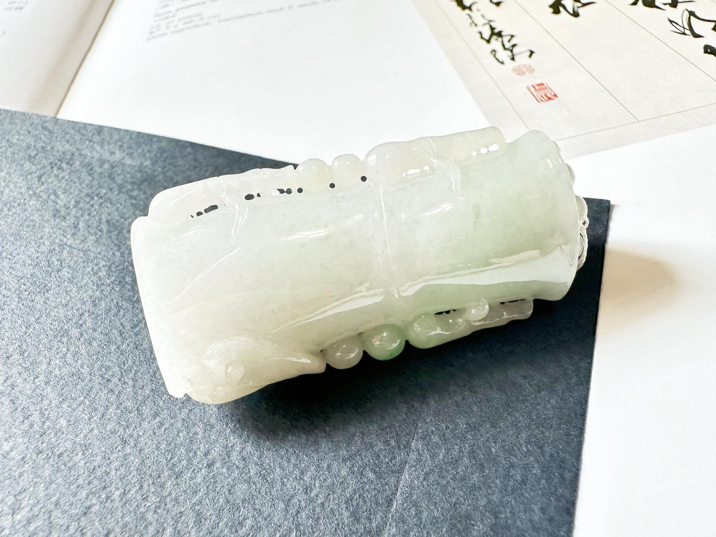 Natural Myanmar Type A Moss on Snow Bamboo with Beetle Jade Pendant, Jadeite Sculpture