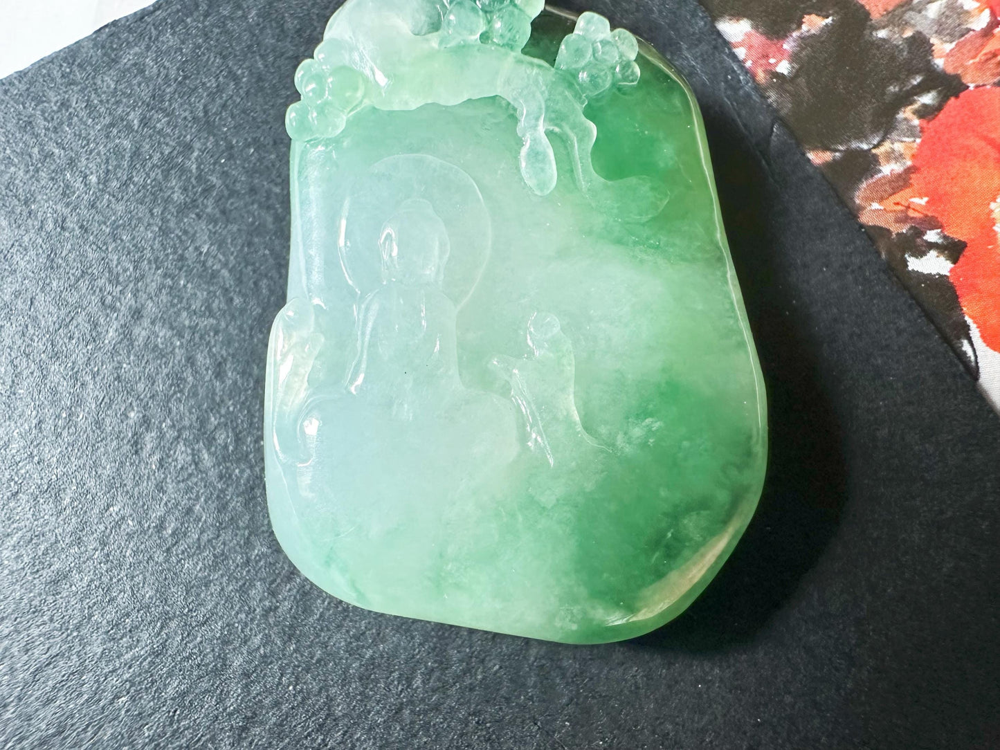 Natural Myanmar Icy Type Jade Pendant with 18K Gold Diamond Bail, Buddha Meditating under a Tree
