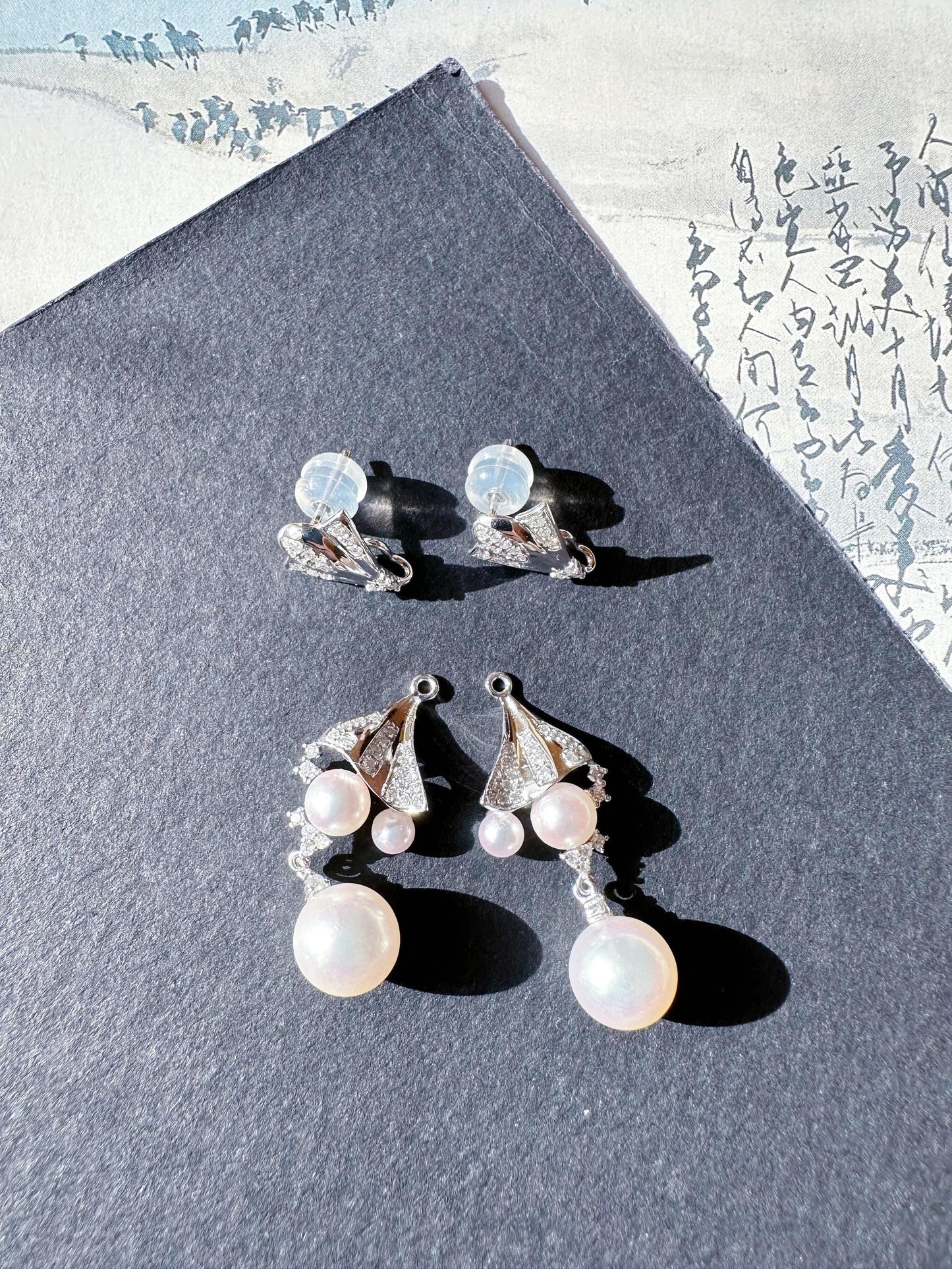 AAAA Grade Japan Akoya Pearl Mirror Like Multiple Wear Long Drop Pearl Earrings in 18K White Gold and Diamond