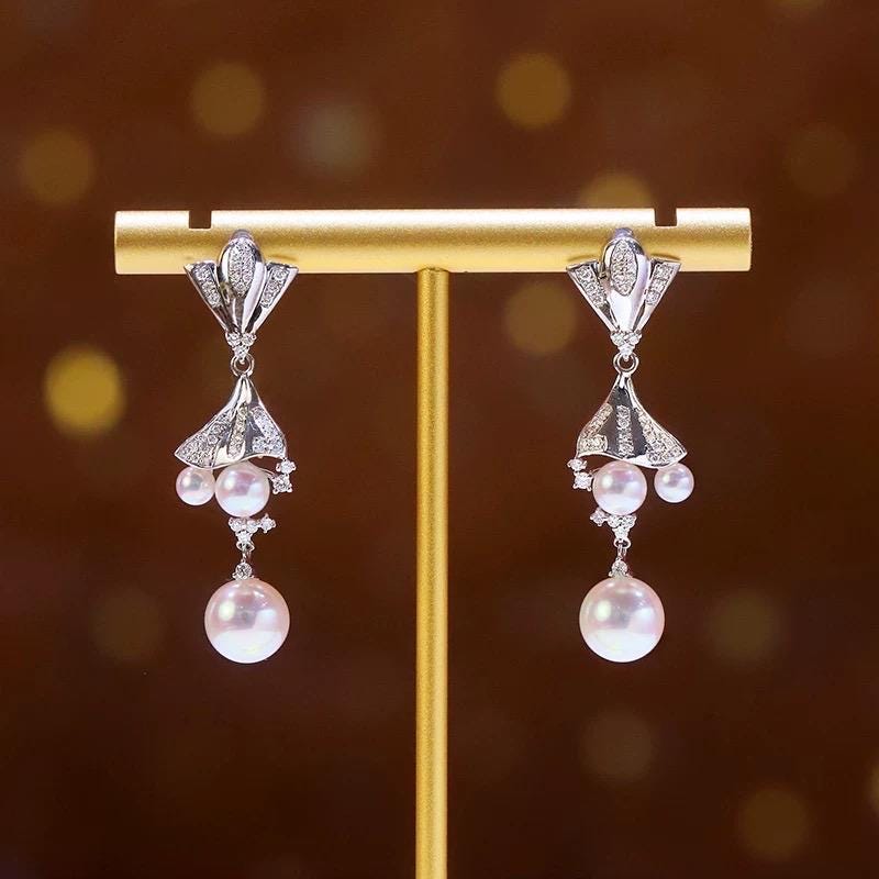AAAA Grade Japan Akoya Pearl Mirror Like Multiple Wear Long Drop Pearl Earrings in 18K White Gold and Diamond