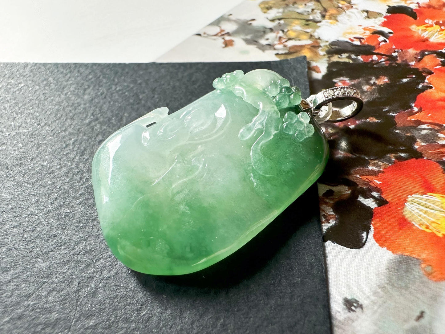 Natural Myanmar Icy Type Jade Pendant with 18K Gold Diamond Bail, Buddha Meditating under a Tree