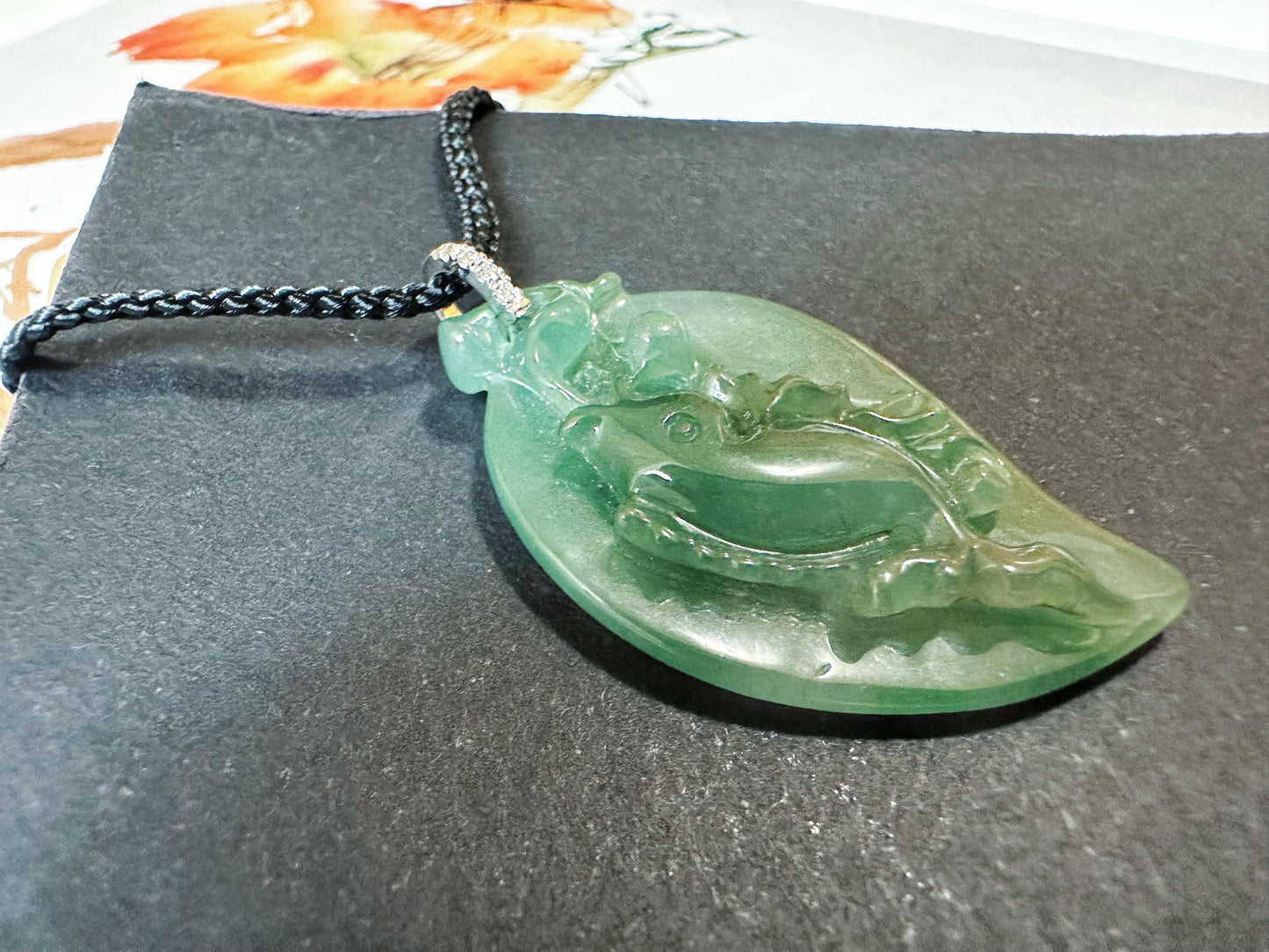 Natural Teal Green Jade Fish Pendant in 18K White Gold with Diamond Bail
