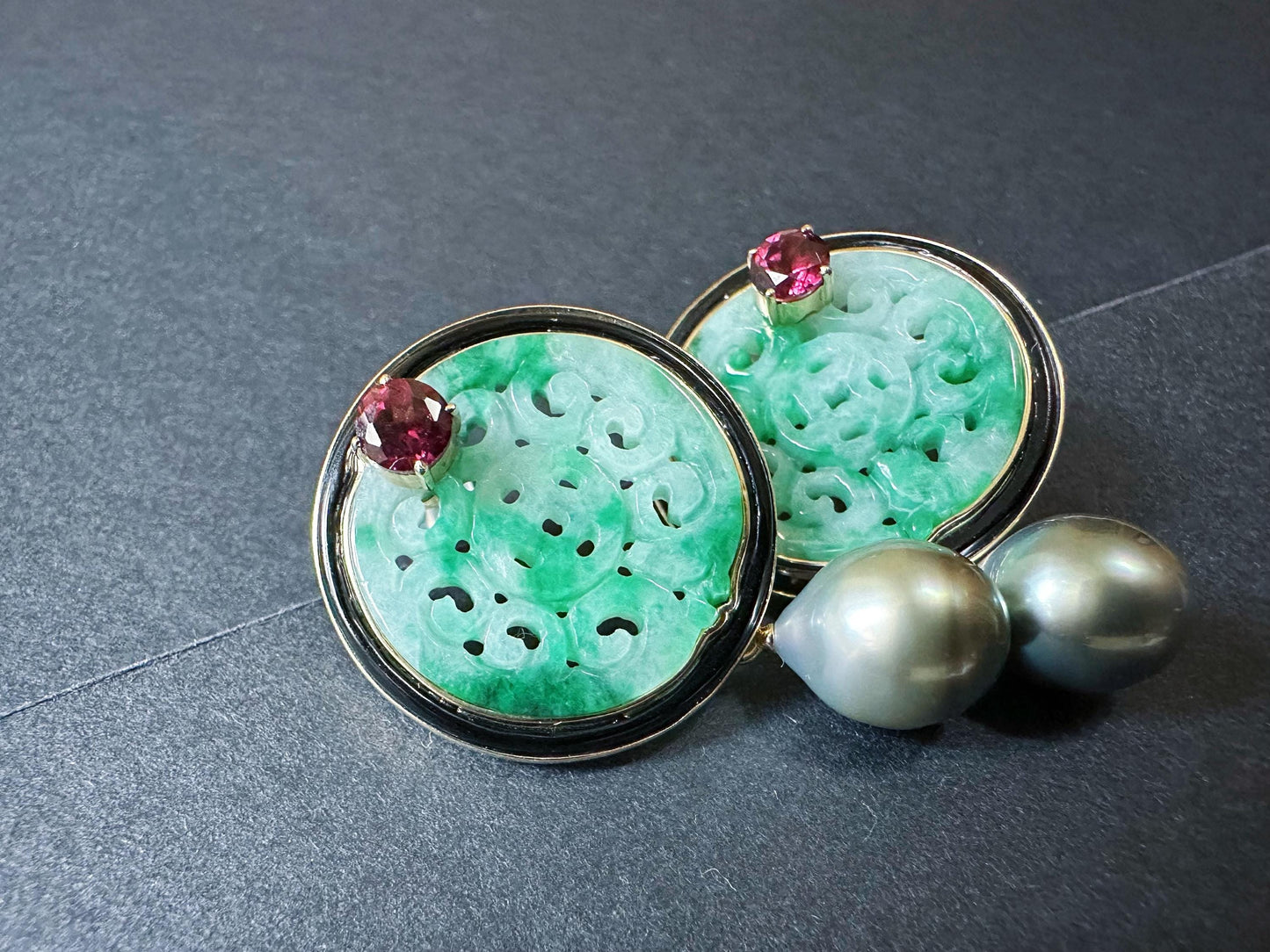 Natural Myanmar Green Jade Carved Earrings in 18K Gold and Black Agate & Pearl