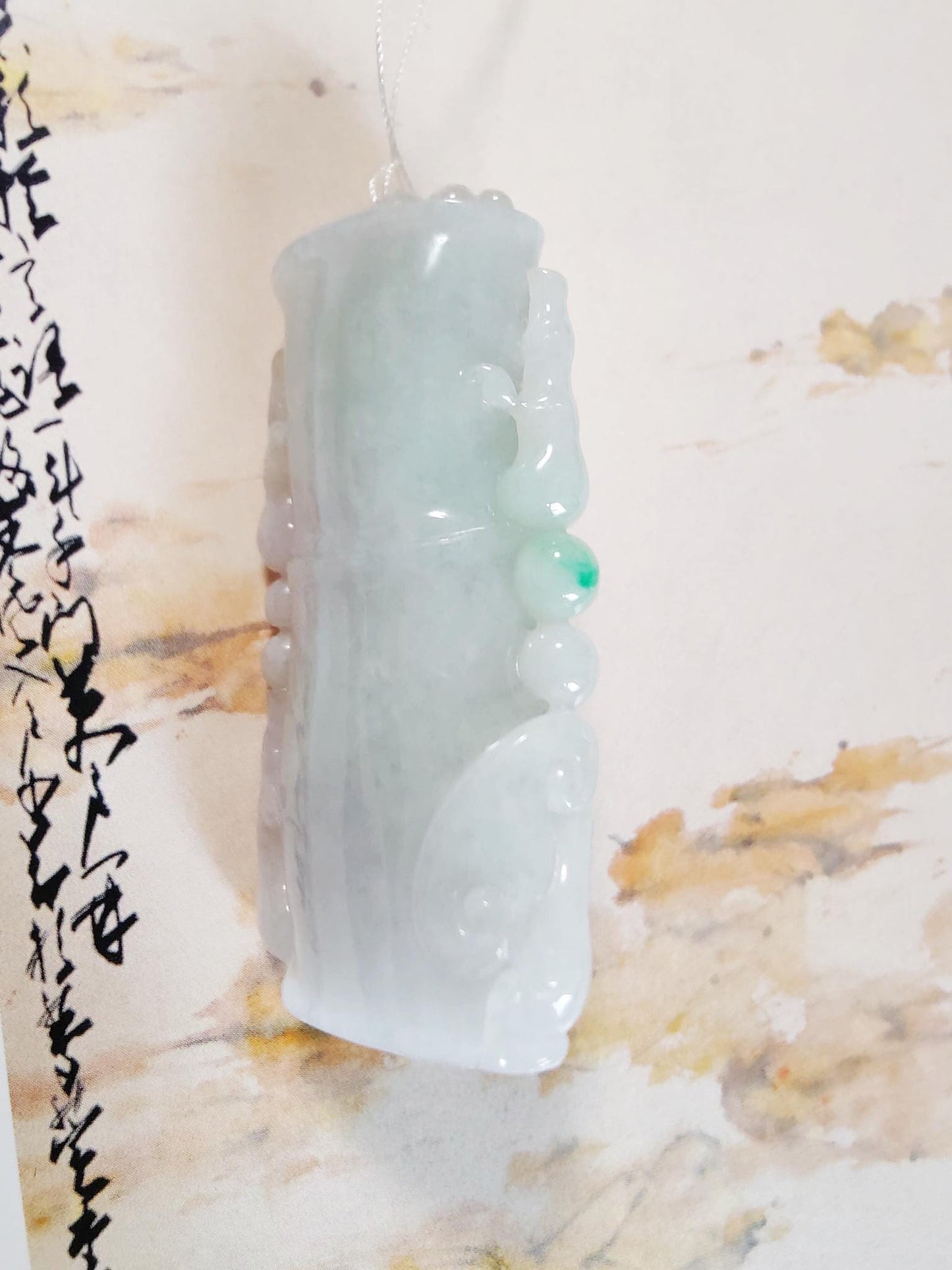 Natural Myanmar Type A Moss on Snow Bamboo with Beetle Jade Pendant, Jadeite Sculpture