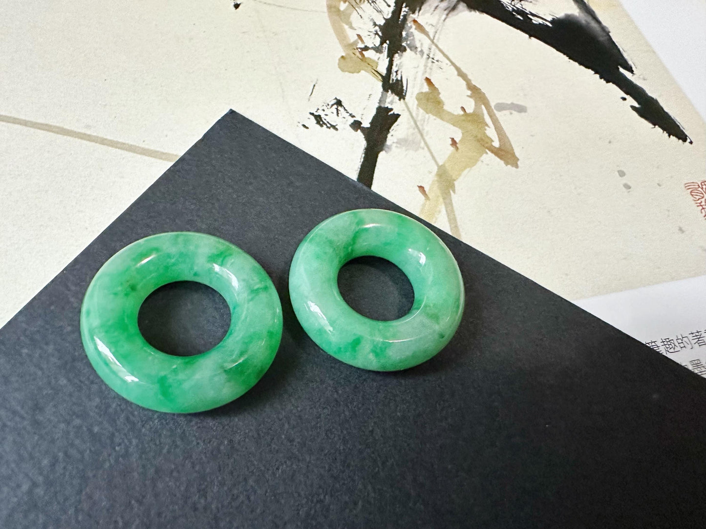 Natural Myanmar Icy Type Vivid Green Jade Donut in 18K White Gold, Diamond Hoop Earrings